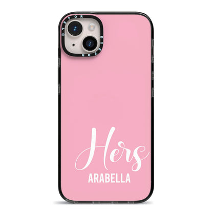 His or Hers Personalised iPhone 14 Plus Black Impact Case on Silver phone