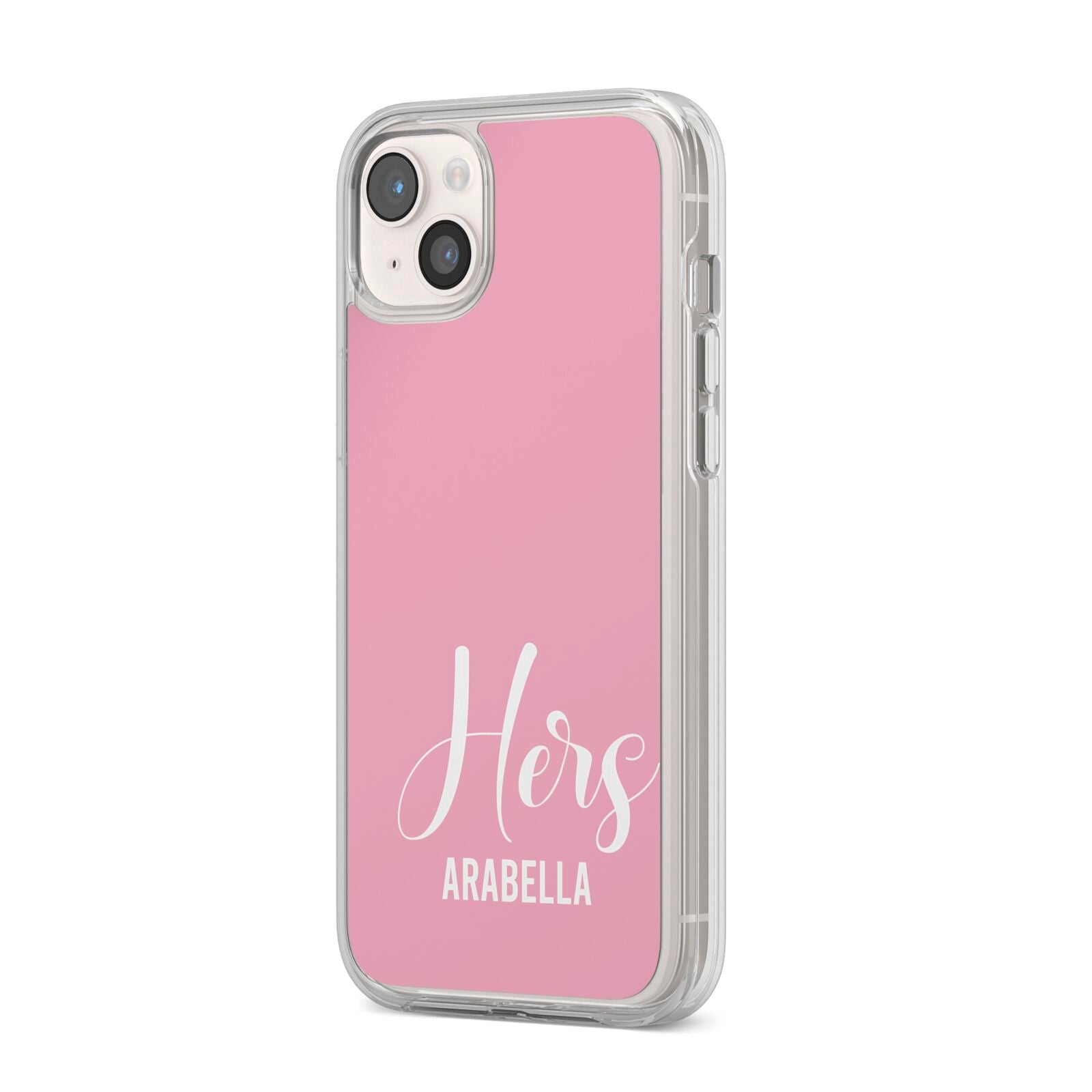 His or Hers Personalised iPhone 14 Plus Clear Tough Case Starlight Angled Image