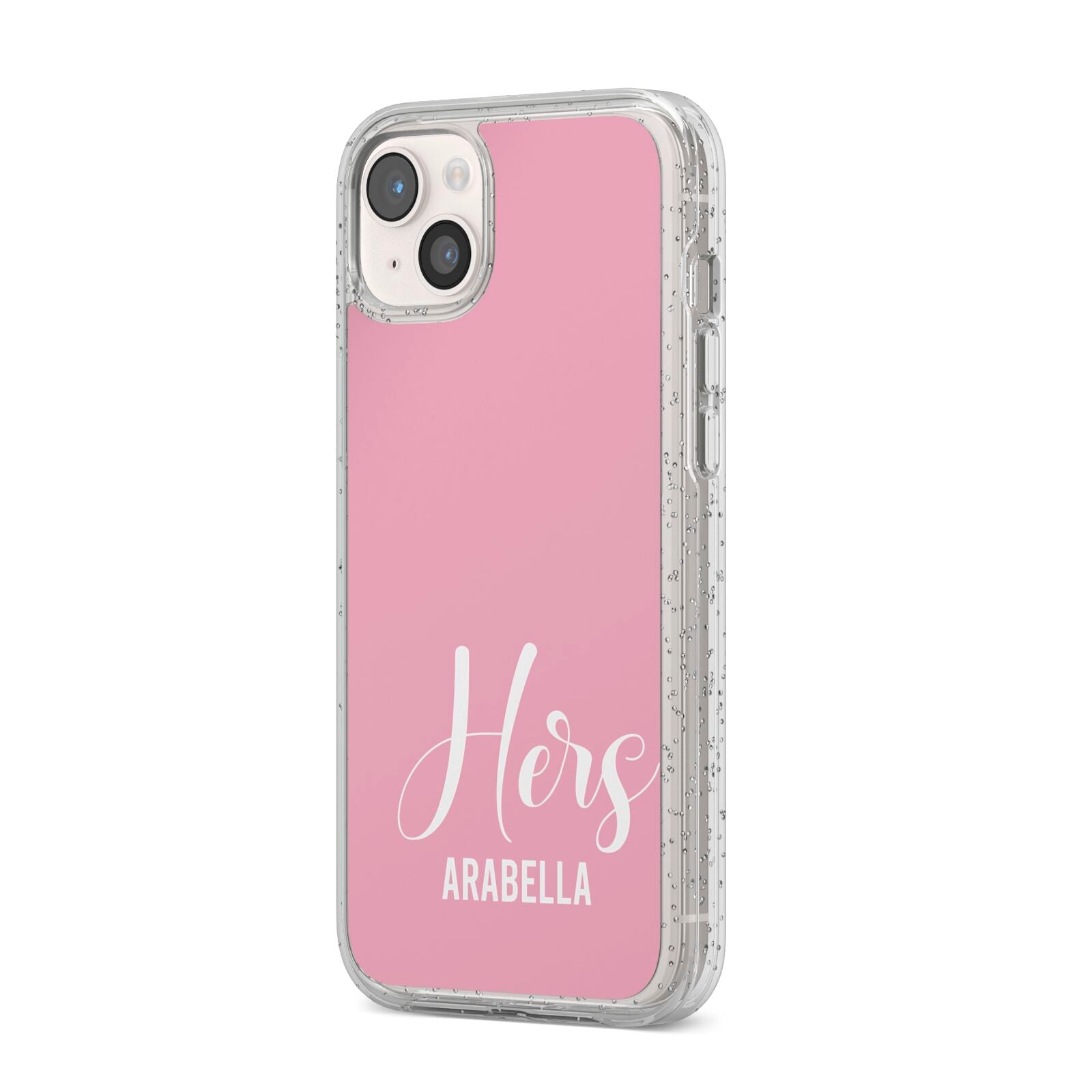 His or Hers Personalised iPhone 14 Plus Glitter Tough Case Starlight Angled Image