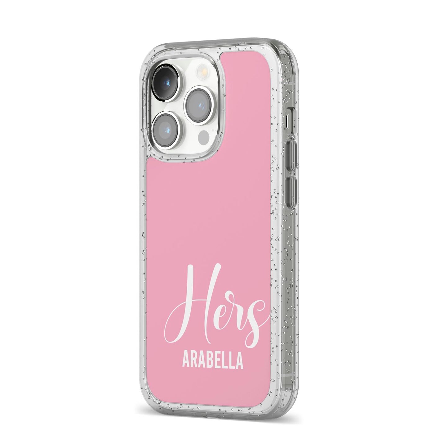 His or Hers Personalised iPhone 14 Pro Glitter Tough Case Silver Angled Image