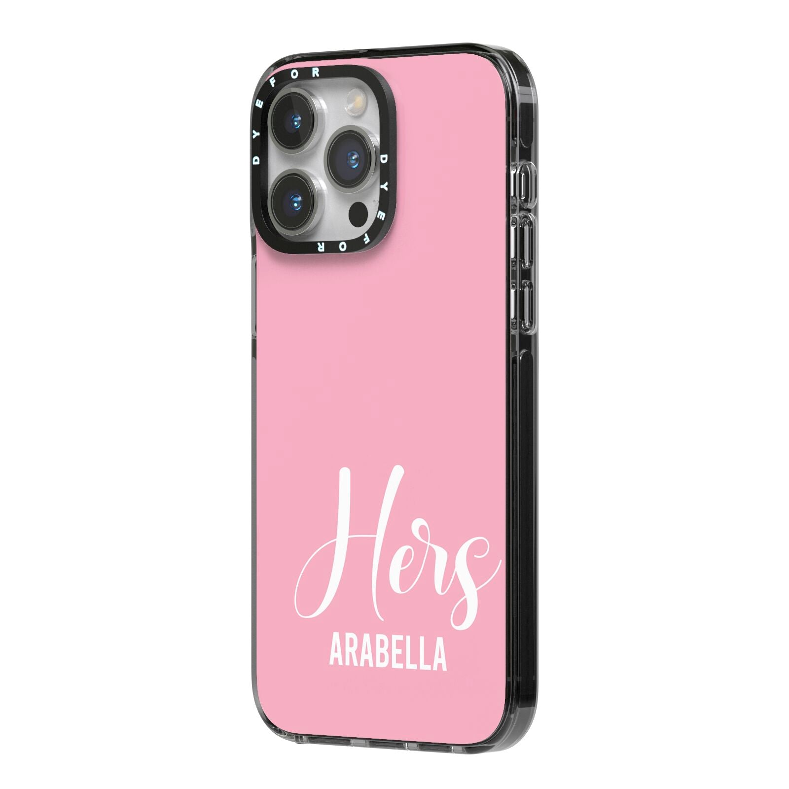 His or Hers Personalised iPhone 14 Pro Max Black Impact Case Side Angle on Silver phone