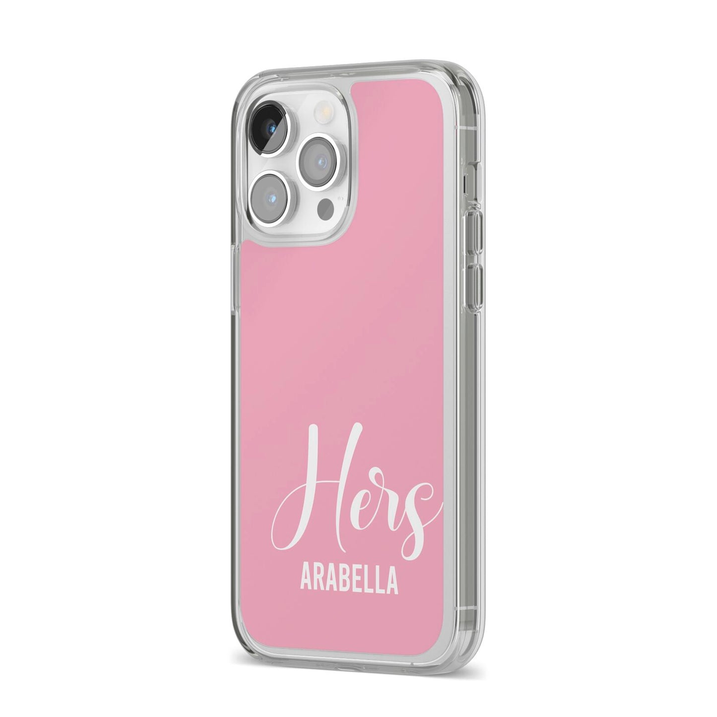 His or Hers Personalised iPhone 14 Pro Max Clear Tough Case Silver Angled Image