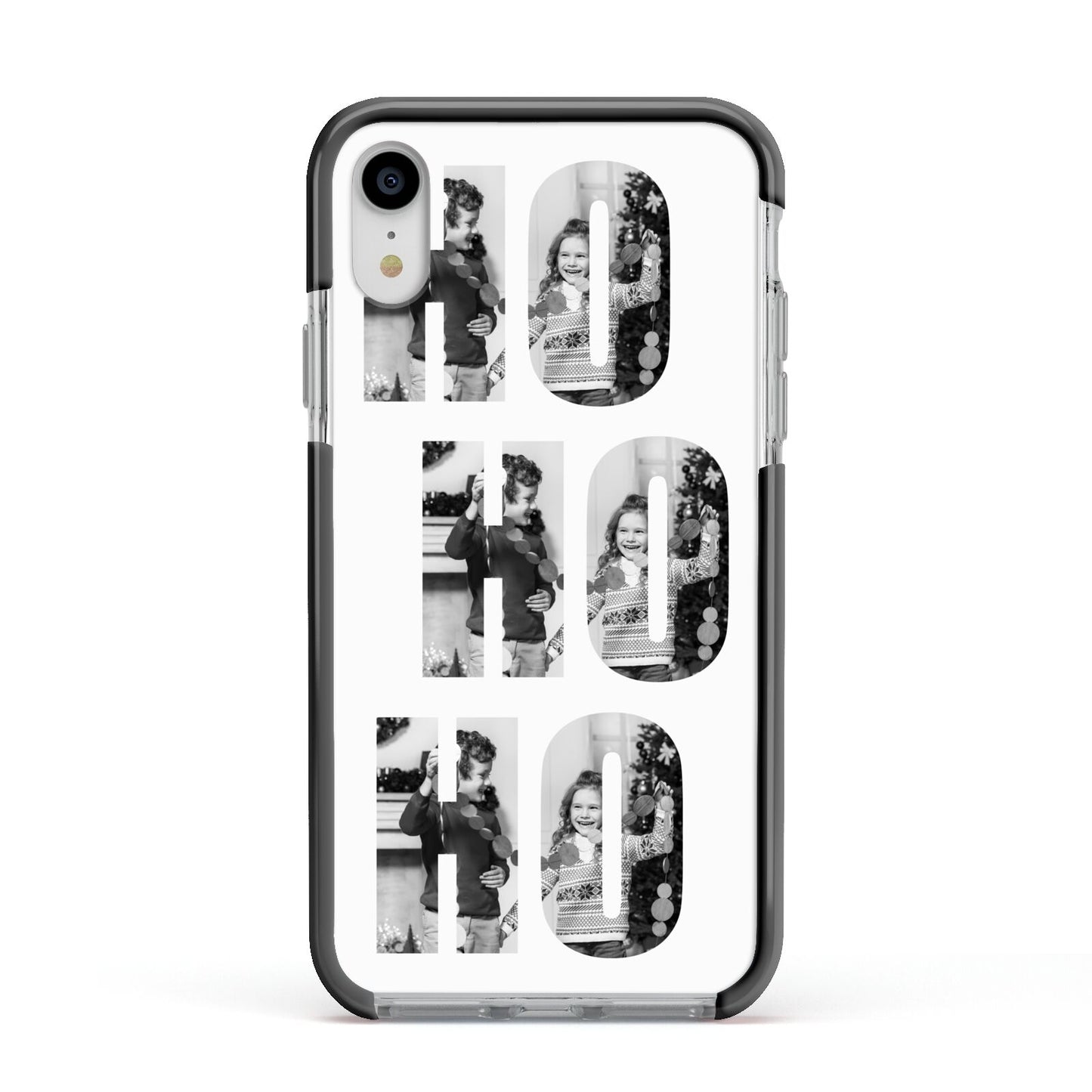 Ho Ho Ho Photo Upload Christmas Apple iPhone XR Impact Case Black Edge on Silver Phone