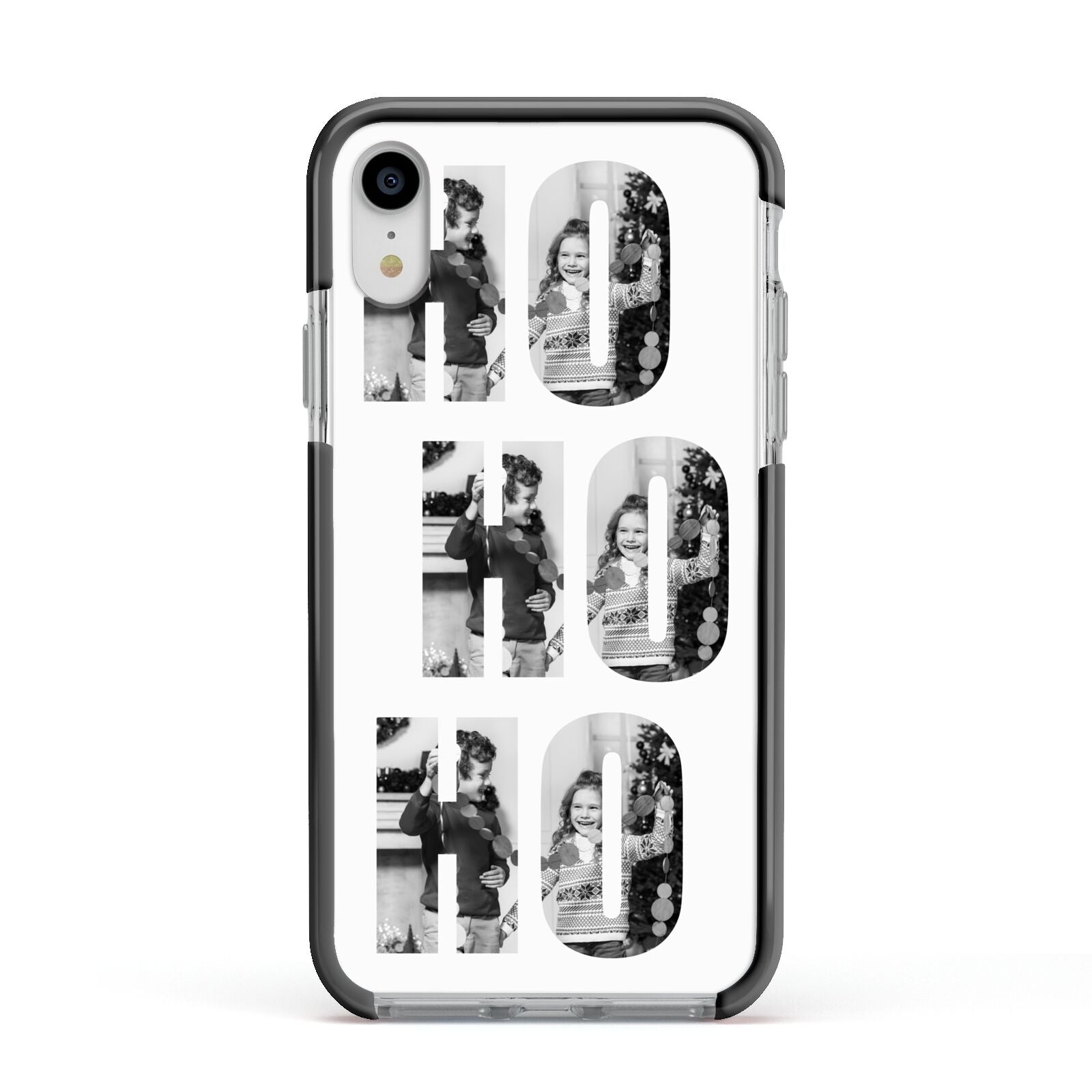 Ho Ho Ho Photo Upload Christmas Apple iPhone XR Impact Case Black Edge on Silver Phone