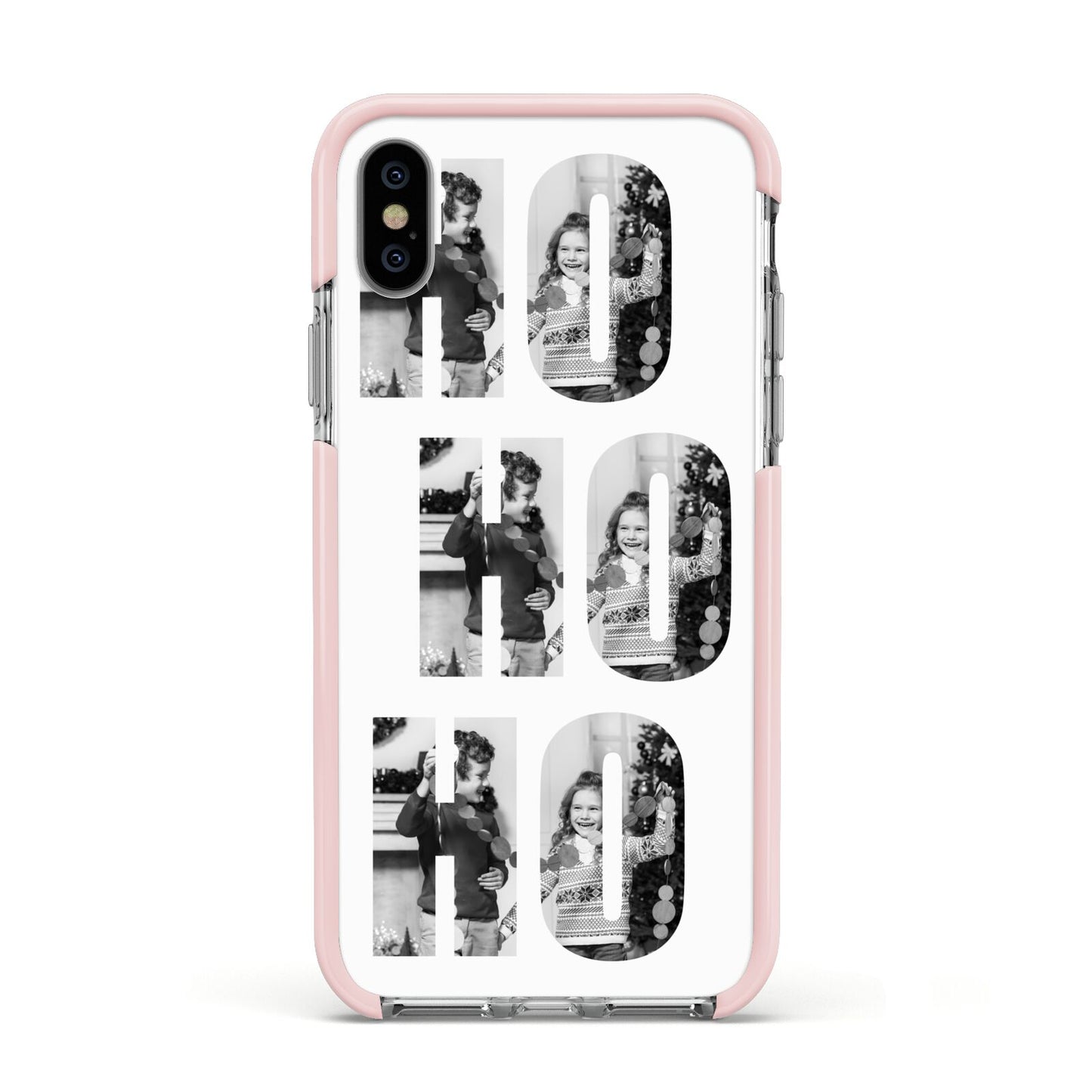 Ho Ho Ho Photo Upload Christmas Apple iPhone Xs Impact Case Pink Edge on Silver Phone