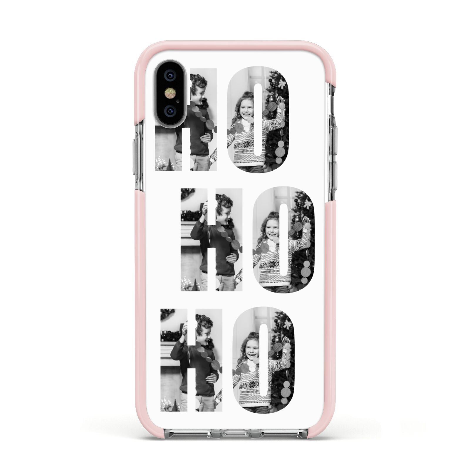 Ho Ho Ho Photo Upload Christmas Apple iPhone Xs Impact Case Pink Edge on Silver Phone