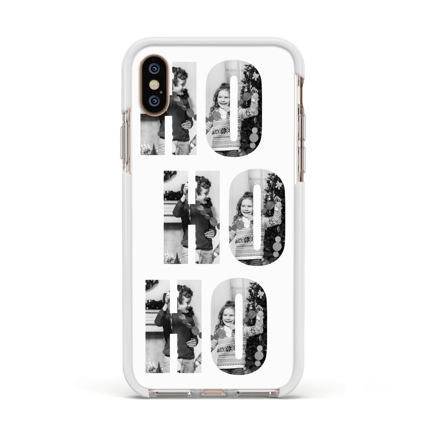 Ho Ho Ho Photo Upload Christmas Apple iPhone Xs Impact Case White Edge on Gold Phone