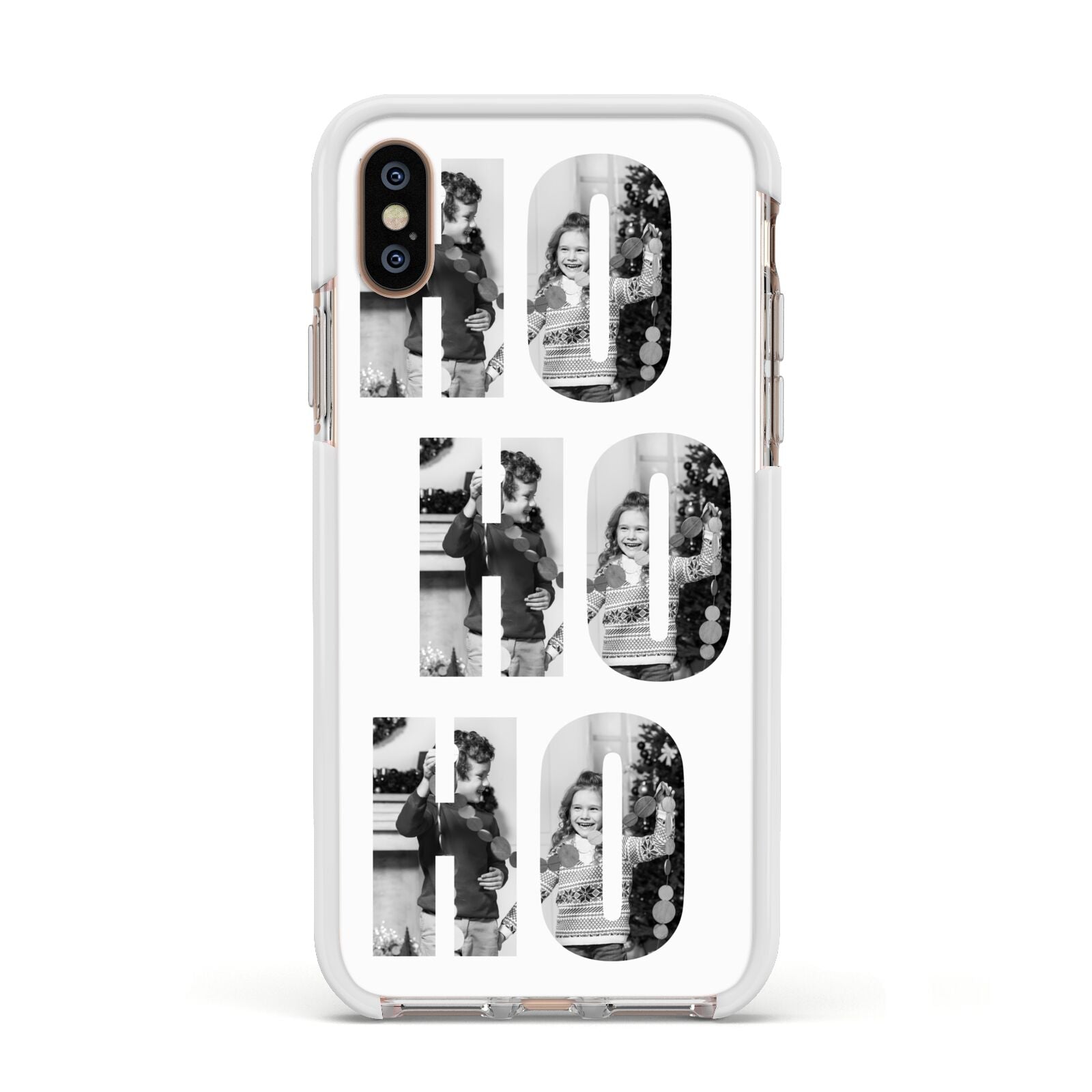 Ho Ho Ho Photo Upload Christmas Apple iPhone Xs Impact Case White Edge on Gold Phone