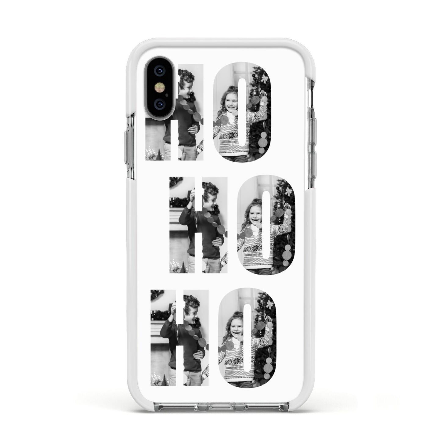 Ho Ho Ho Photo Upload Christmas Apple iPhone Xs Impact Case White Edge on Silver Phone