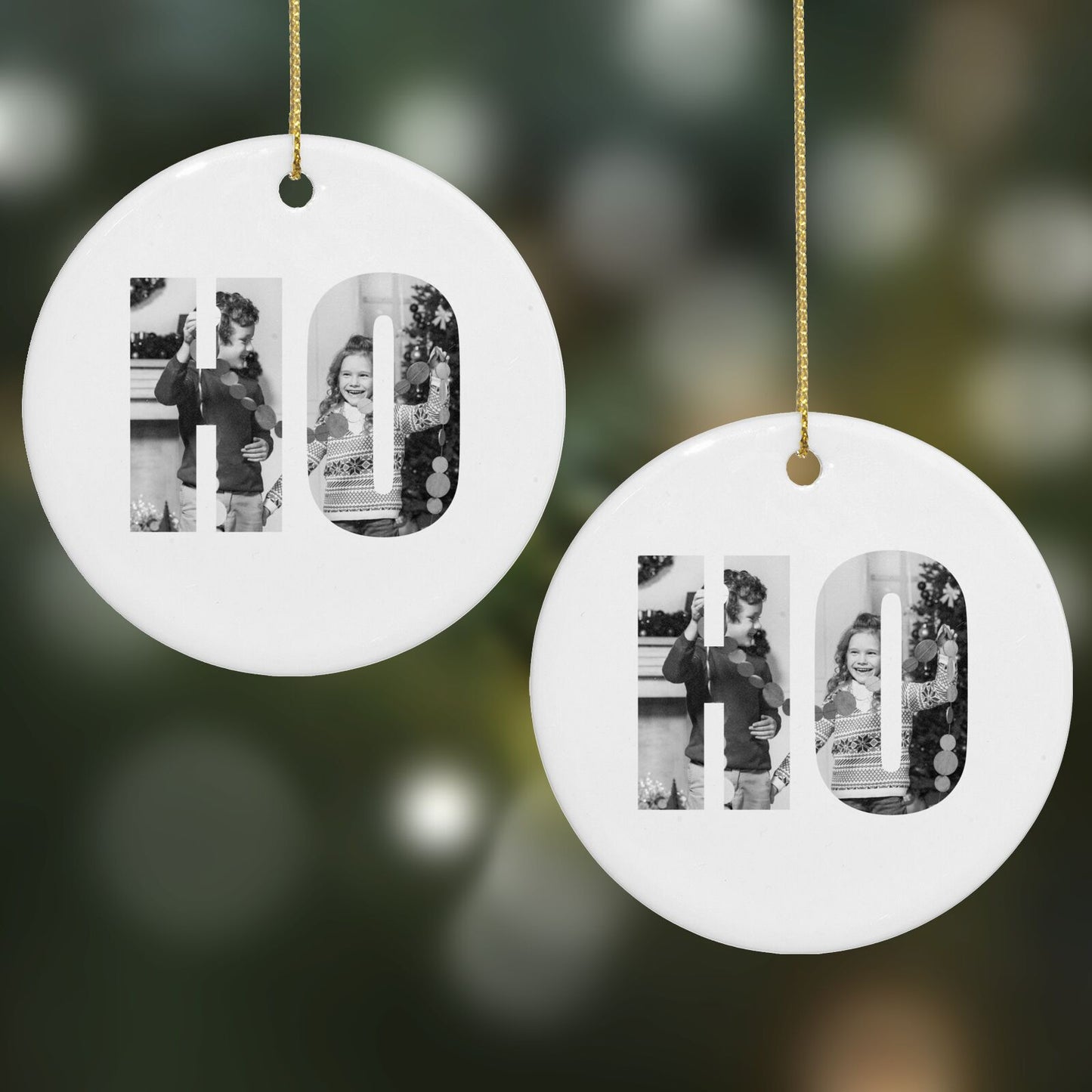 Ho Ho Ho Photo Upload Christmas Round Decoration on Christmas Background