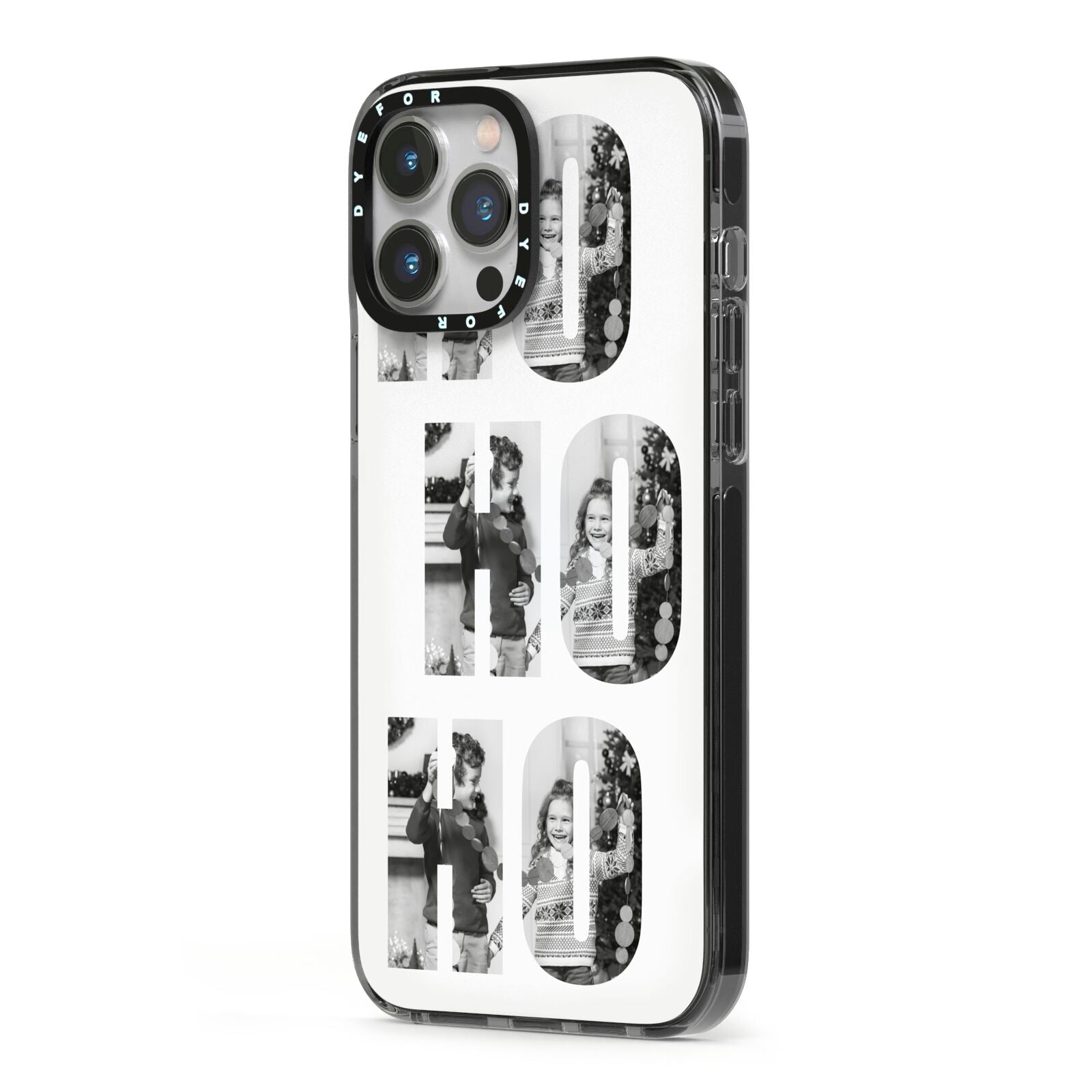 Ho Ho Ho Photo Upload Christmas iPhone 13 Pro Max Black Impact Case Side Angle on Silver phone