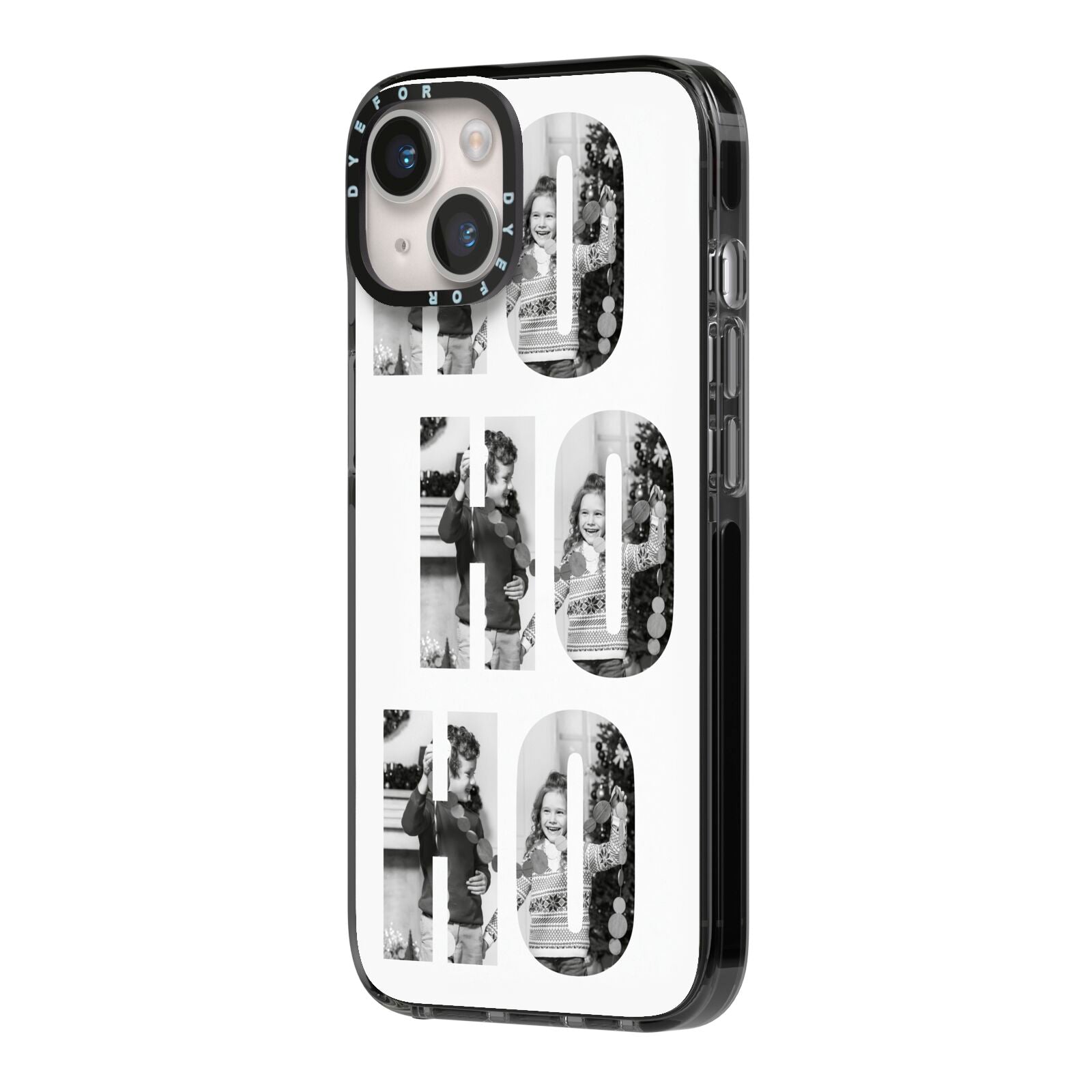 Ho Ho Ho Photo Upload Christmas iPhone 14 Black Impact Case Side Angle on Silver phone