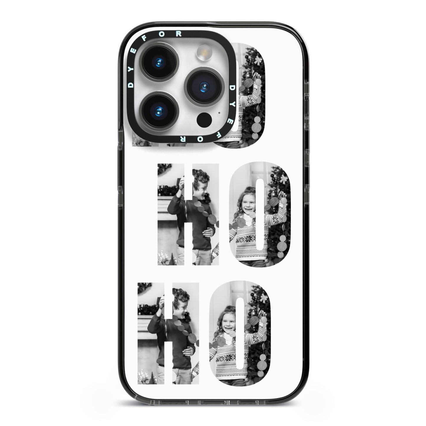 Ho Ho Ho Photo Upload Christmas iPhone 14 Pro Black Impact Case on Silver phone