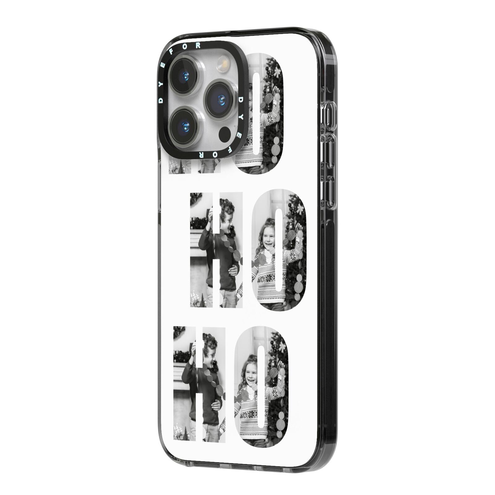 Ho Ho Ho Photo Upload Christmas iPhone 14 Pro Max Black Impact Case Side Angle on Silver phone