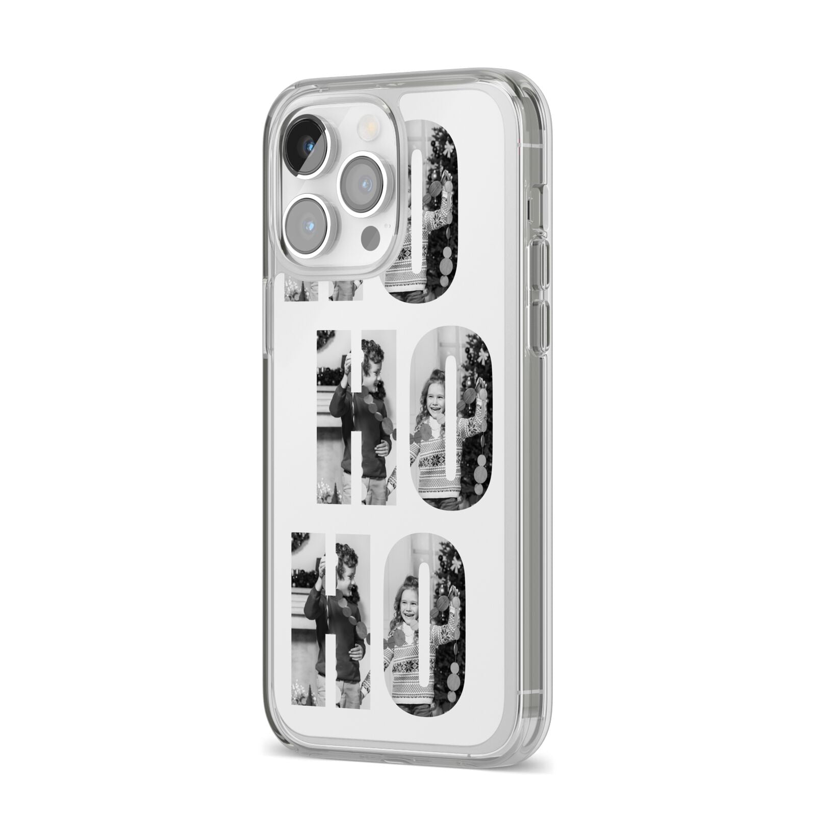 Ho Ho Ho Photo Upload Christmas iPhone 14 Pro Max Clear Tough Case Silver Angled Image