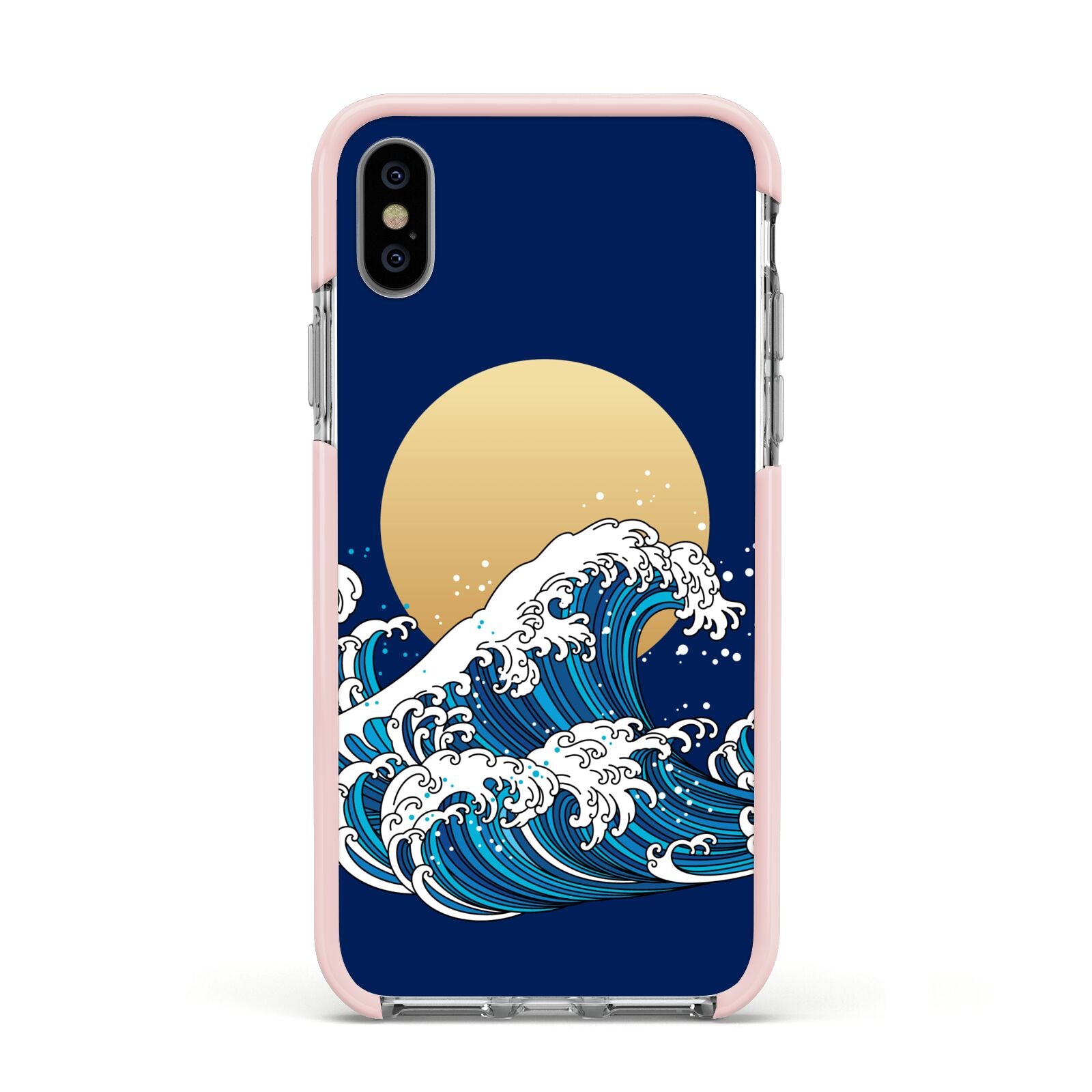 Hokusai Japanese Waves Apple iPhone Xs Impact Case Pink Edge on Silver Phone