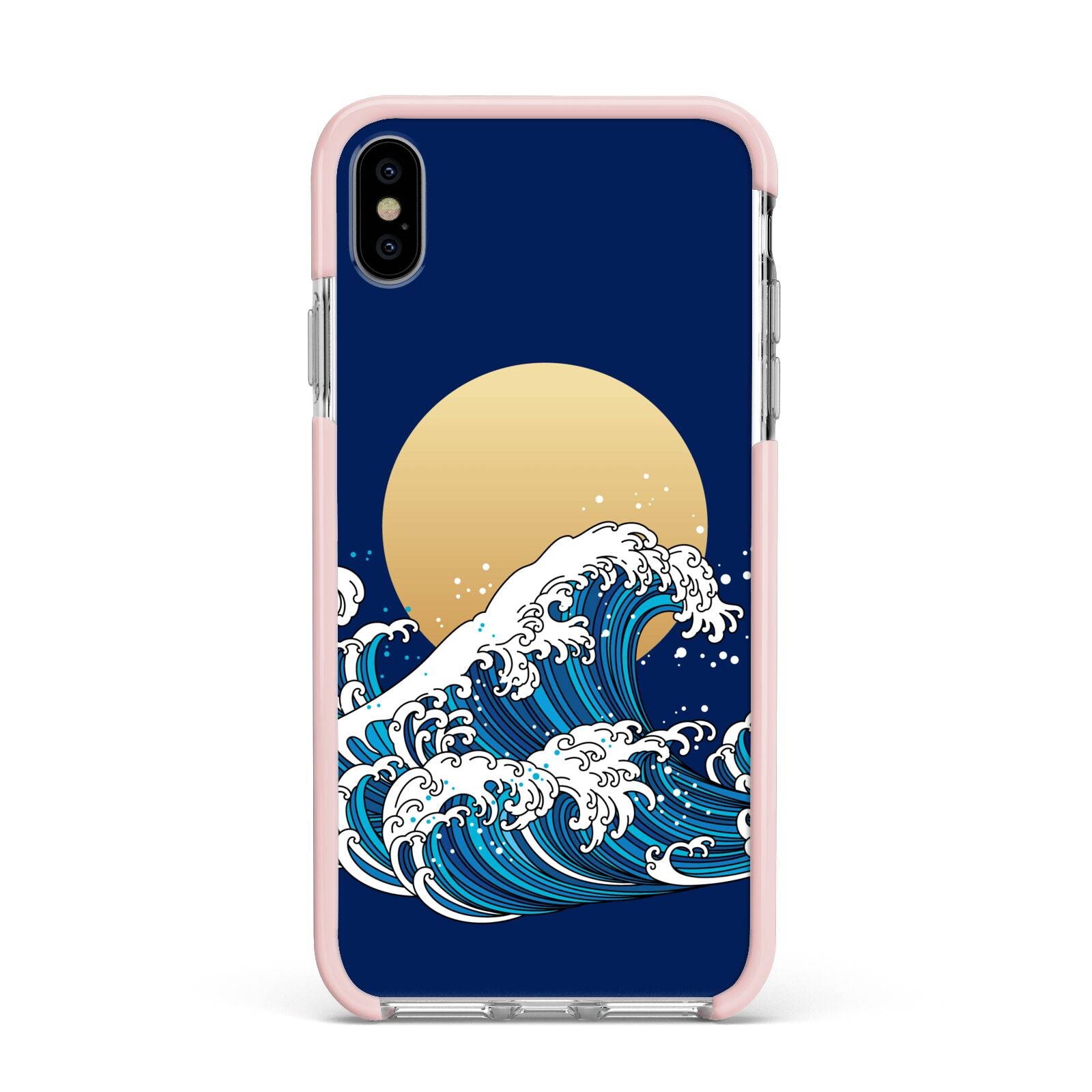 Hokusai Japanese Waves Apple iPhone Xs Max Impact Case Pink Edge on Silver Phone