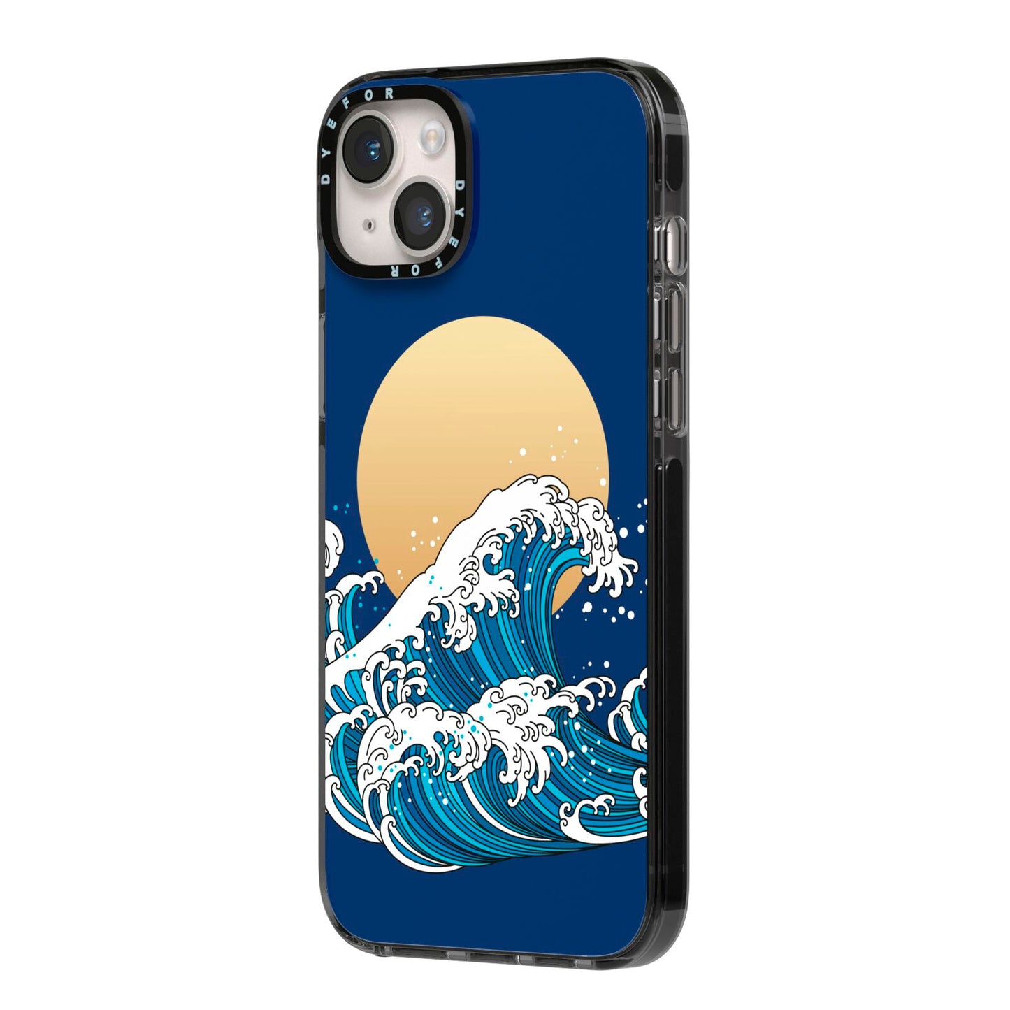 Hokusai Japanese Waves iPhone 14 Plus Black Impact Case Side Angle on Silver phone