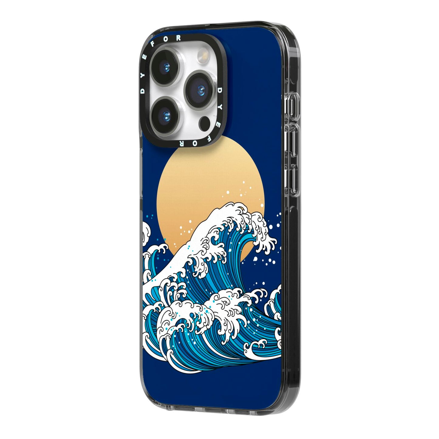 Hokusai Japanese Waves iPhone 14 Pro Black Impact Case Side Angle on Silver phone