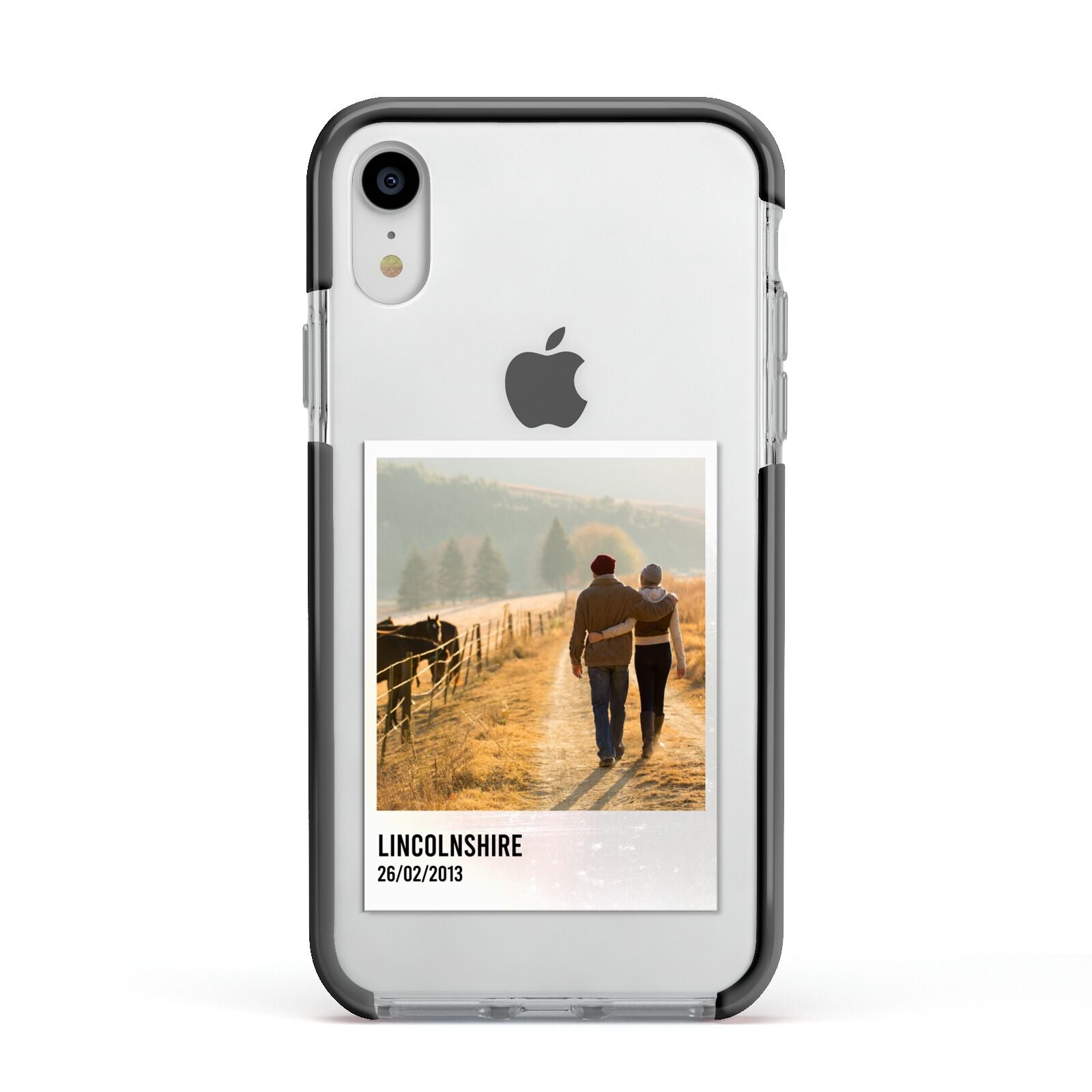 Holiday Memory Personalised Photo Apple iPhone XR Impact Case Black Edge on Silver Phone