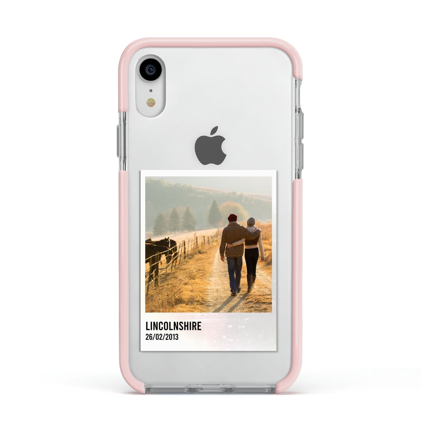 Holiday Memory Personalised Photo Apple iPhone XR Impact Case Pink Edge on Silver Phone