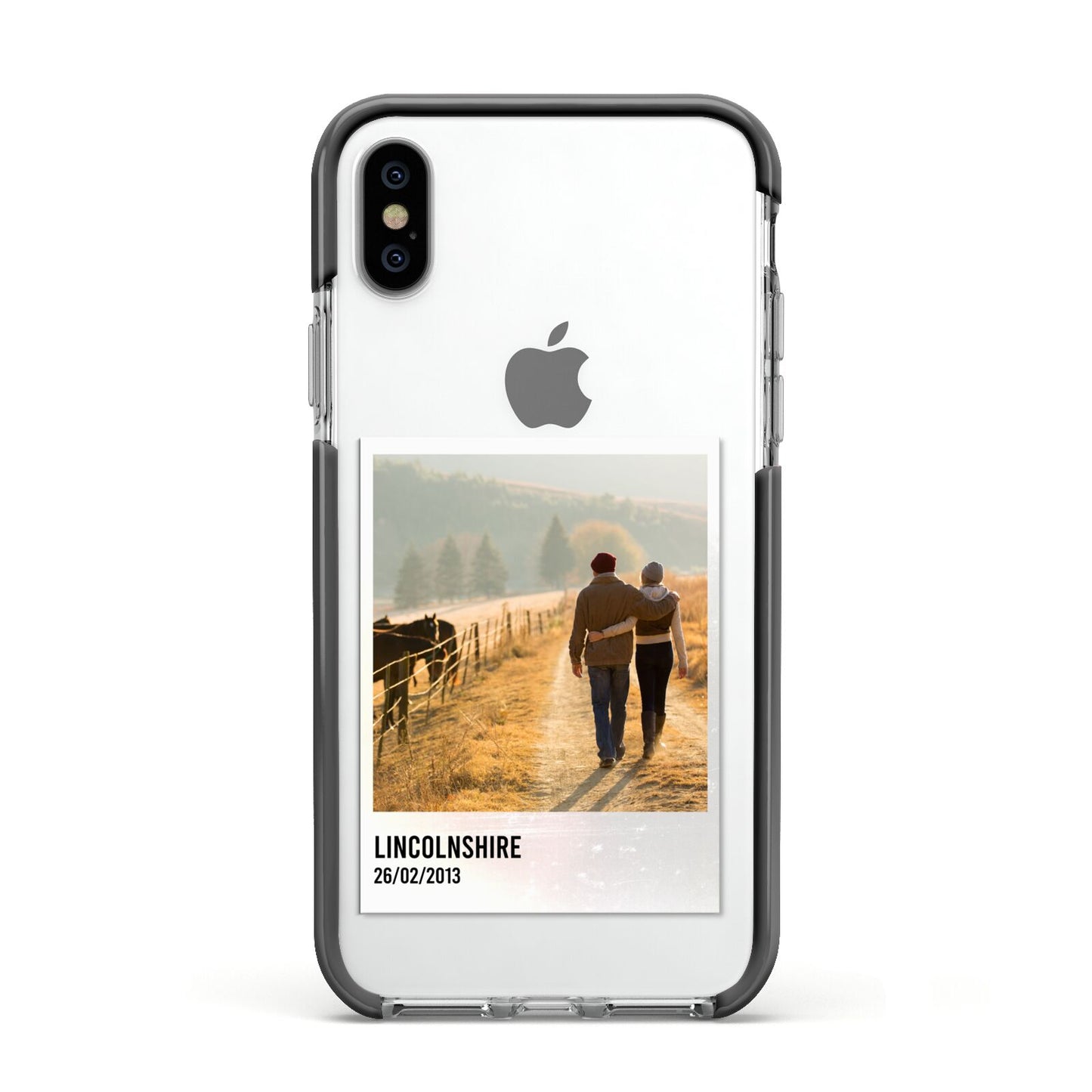 Holiday Memory Personalised Photo Apple iPhone Xs Impact Case Black Edge on Silver Phone