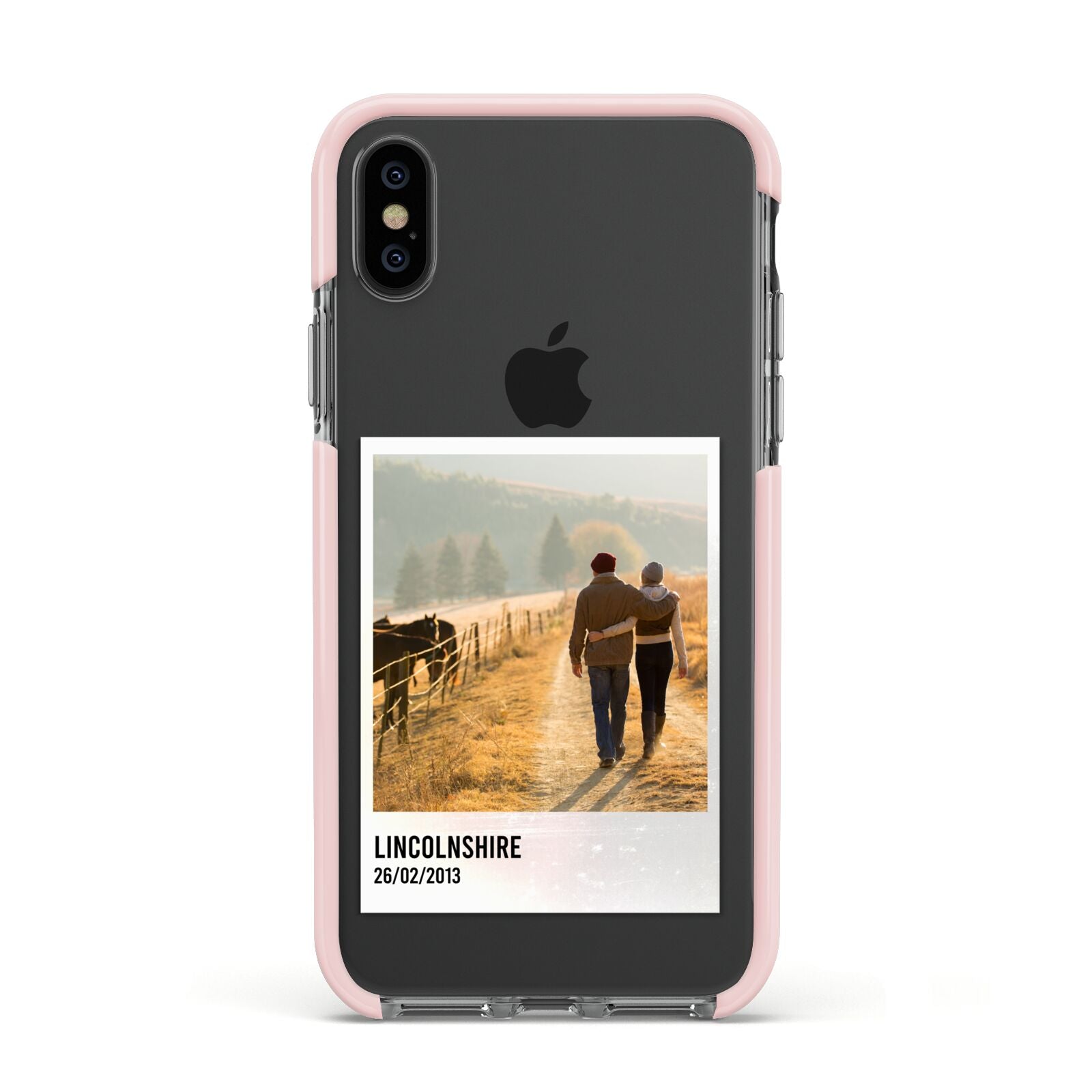 Holiday Memory Personalised Photo Apple iPhone Xs Impact Case Pink Edge on Black Phone