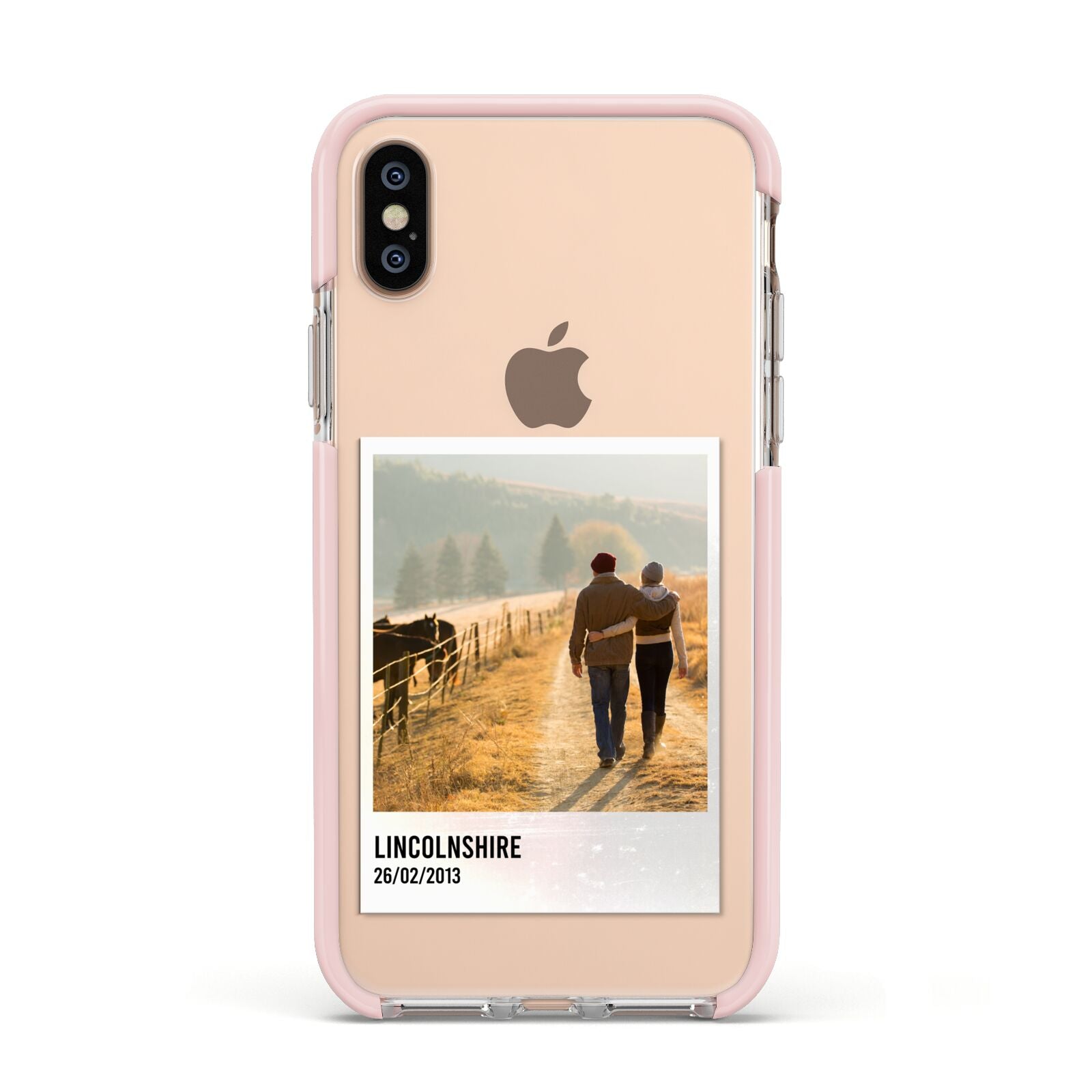 Holiday Memory Personalised Photo Apple iPhone Xs Impact Case Pink Edge on Gold Phone