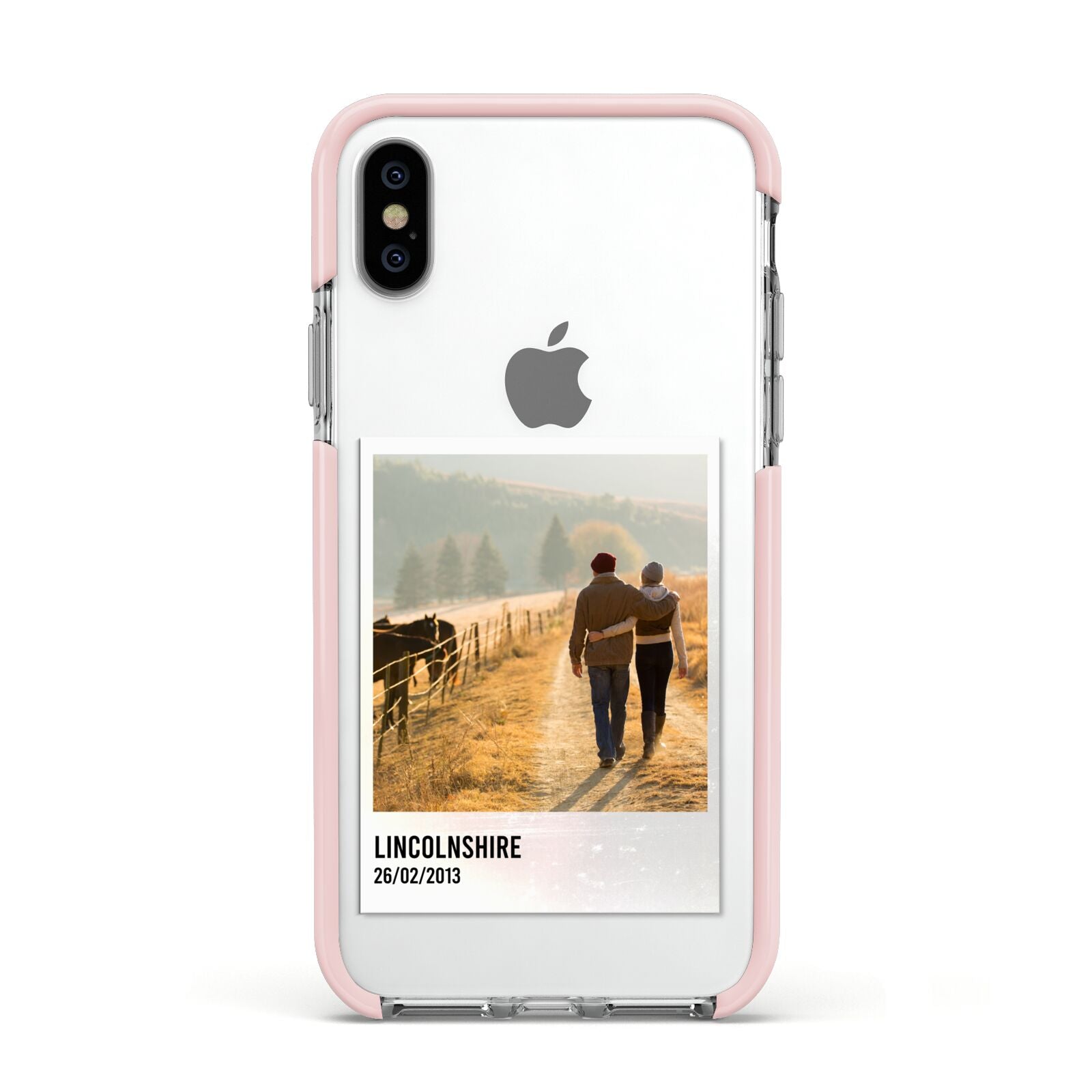 Holiday Memory Personalised Photo Apple iPhone Xs Impact Case Pink Edge on Silver Phone