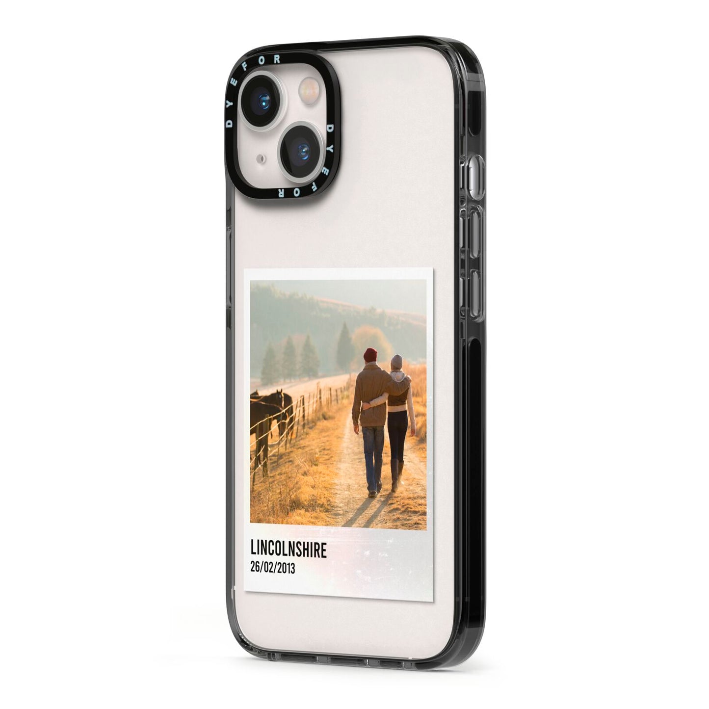 Holiday Memory Personalised Photo iPhone 13 Black Impact Case Side Angle on Silver phone