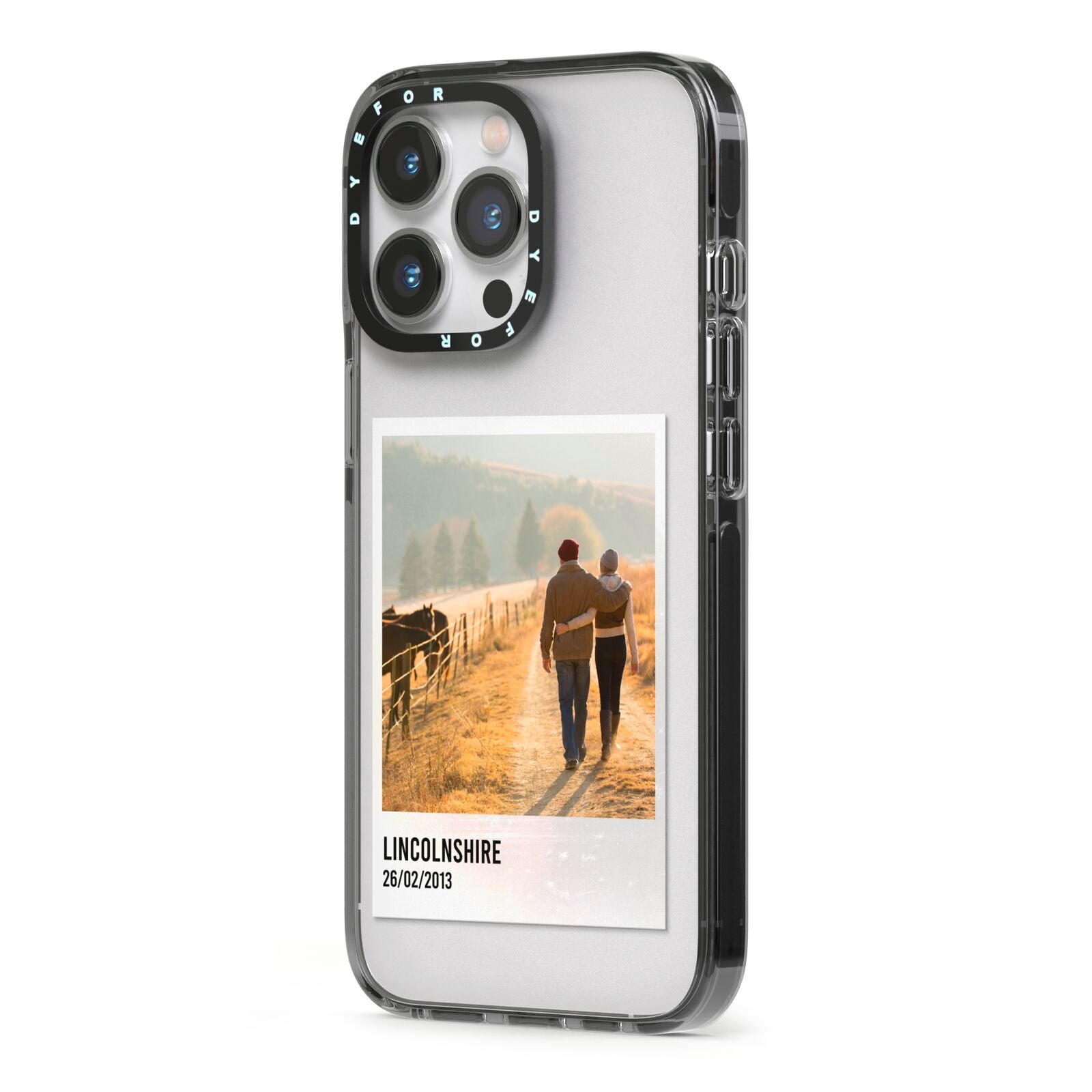 Holiday Memory Personalised Photo iPhone 13 Pro Black Impact Case Side Angle on Silver phone