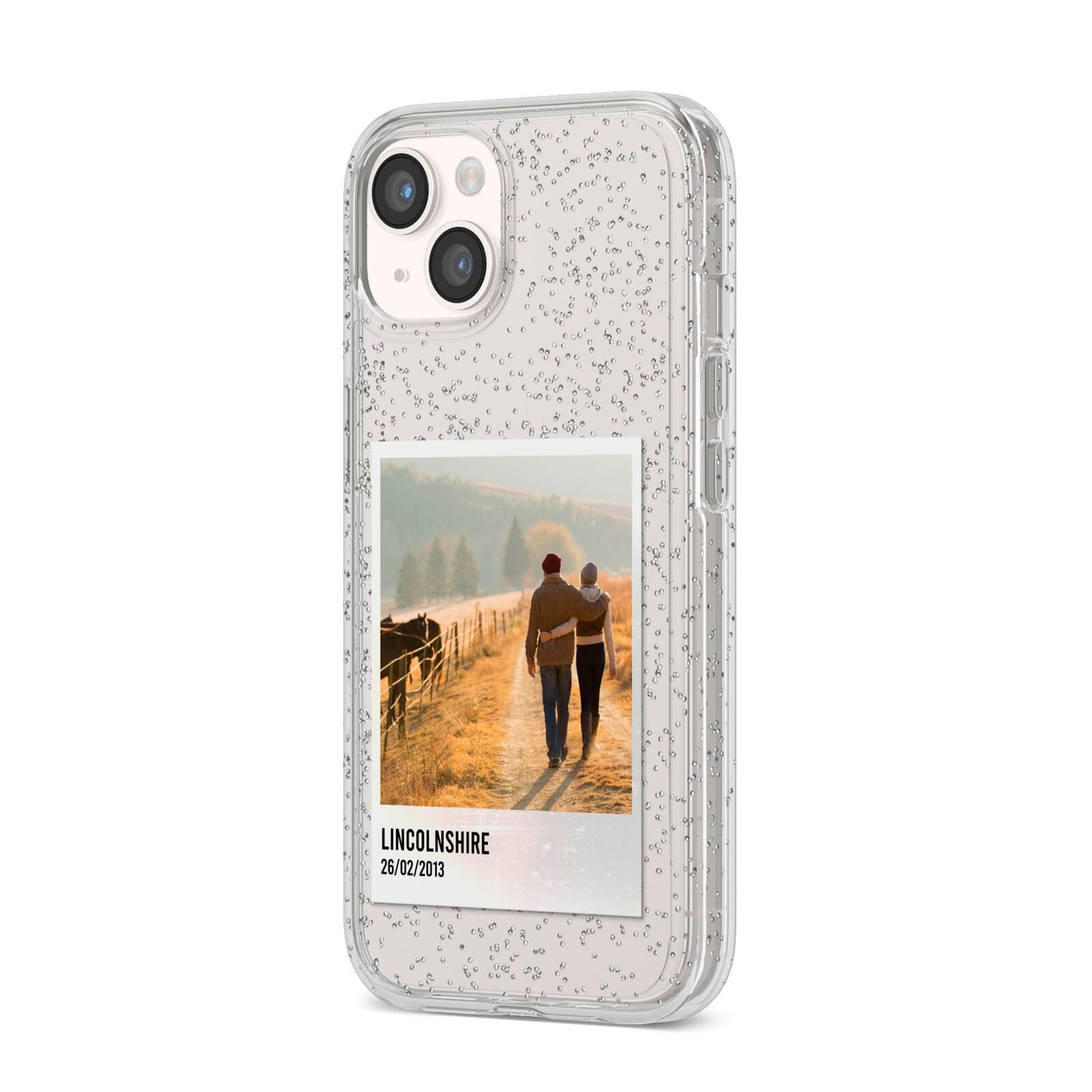 Holiday Memory Personalised Photo iPhone 14 Glitter Tough Case Starlight Angled Image