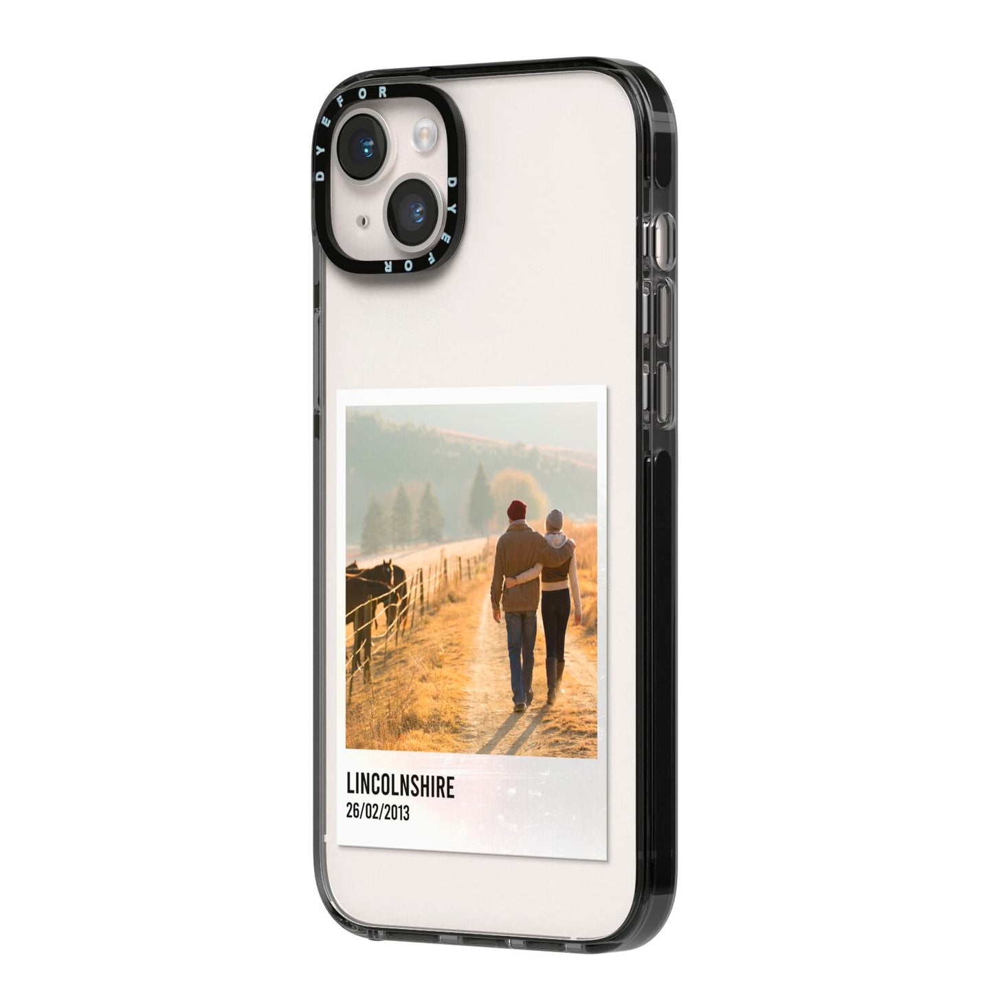 Holiday Memory Personalised Photo iPhone 14 Plus Black Impact Case Side Angle on Silver phone