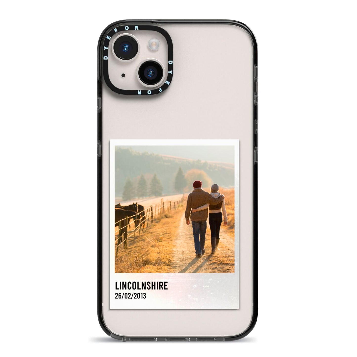 Holiday Memory Personalised Photo iPhone 14 Plus Black Impact Case on Silver phone