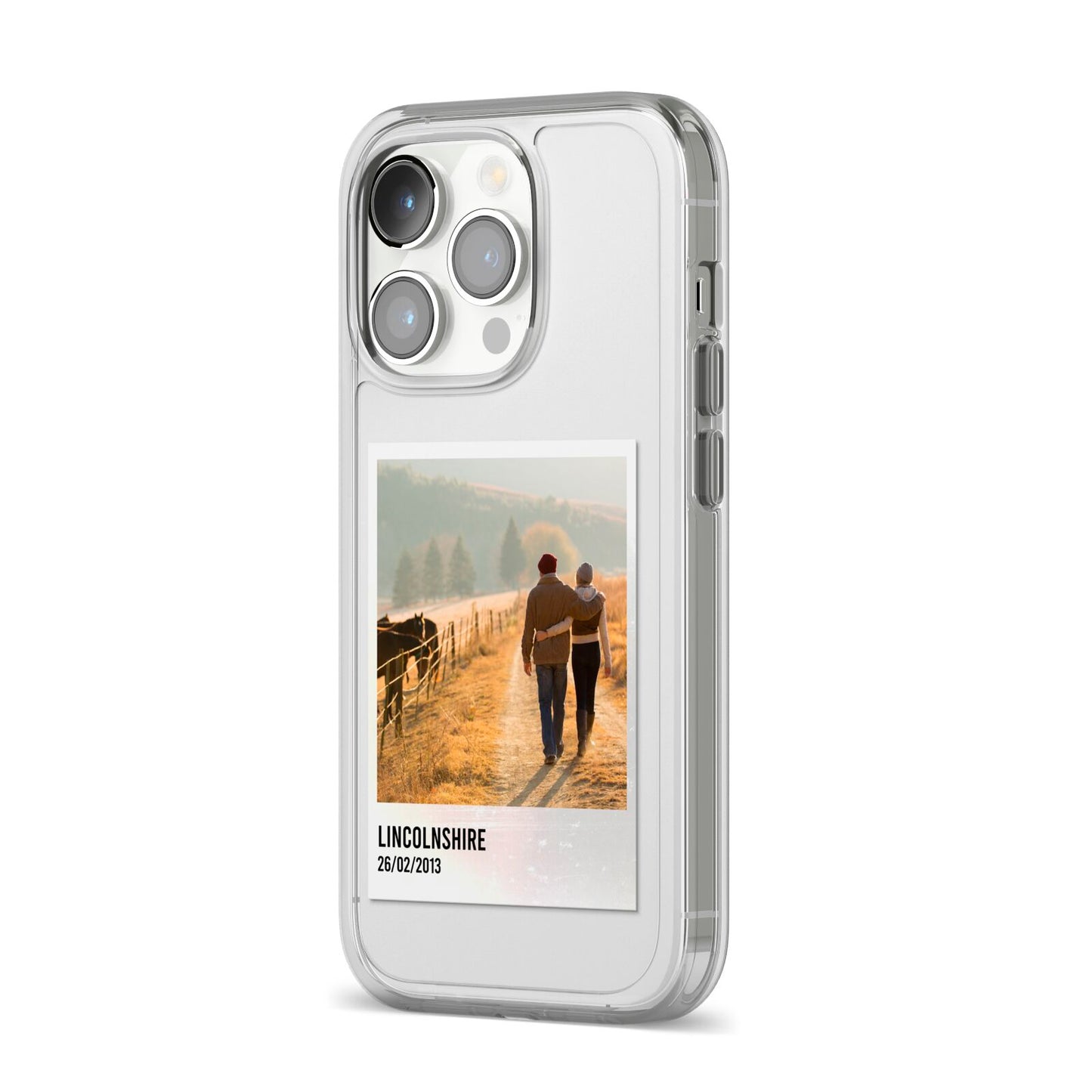 Holiday Memory Personalised Photo iPhone 14 Pro Clear Tough Case Silver Angled Image