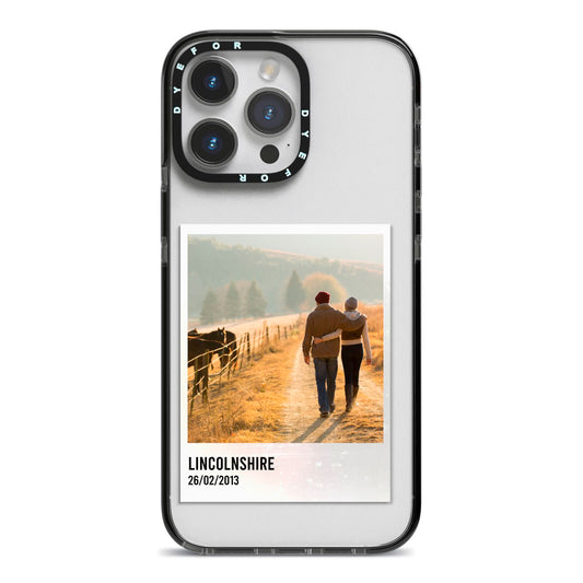 Holiday Memory Personalised Photo iPhone 14 Pro Max Black Impact Case on Silver phone