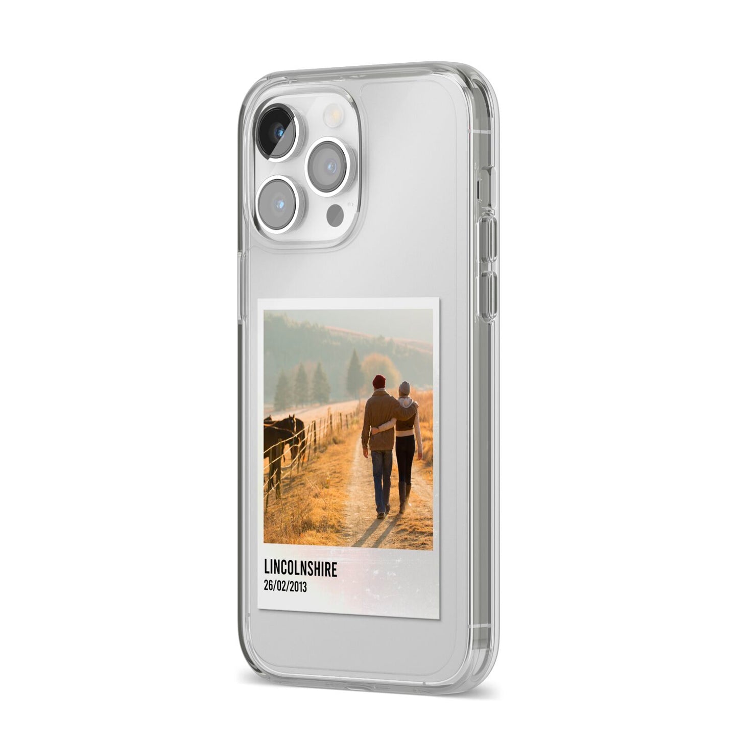 Holiday Memory Personalised Photo iPhone 14 Pro Max Clear Tough Case Silver Angled Image