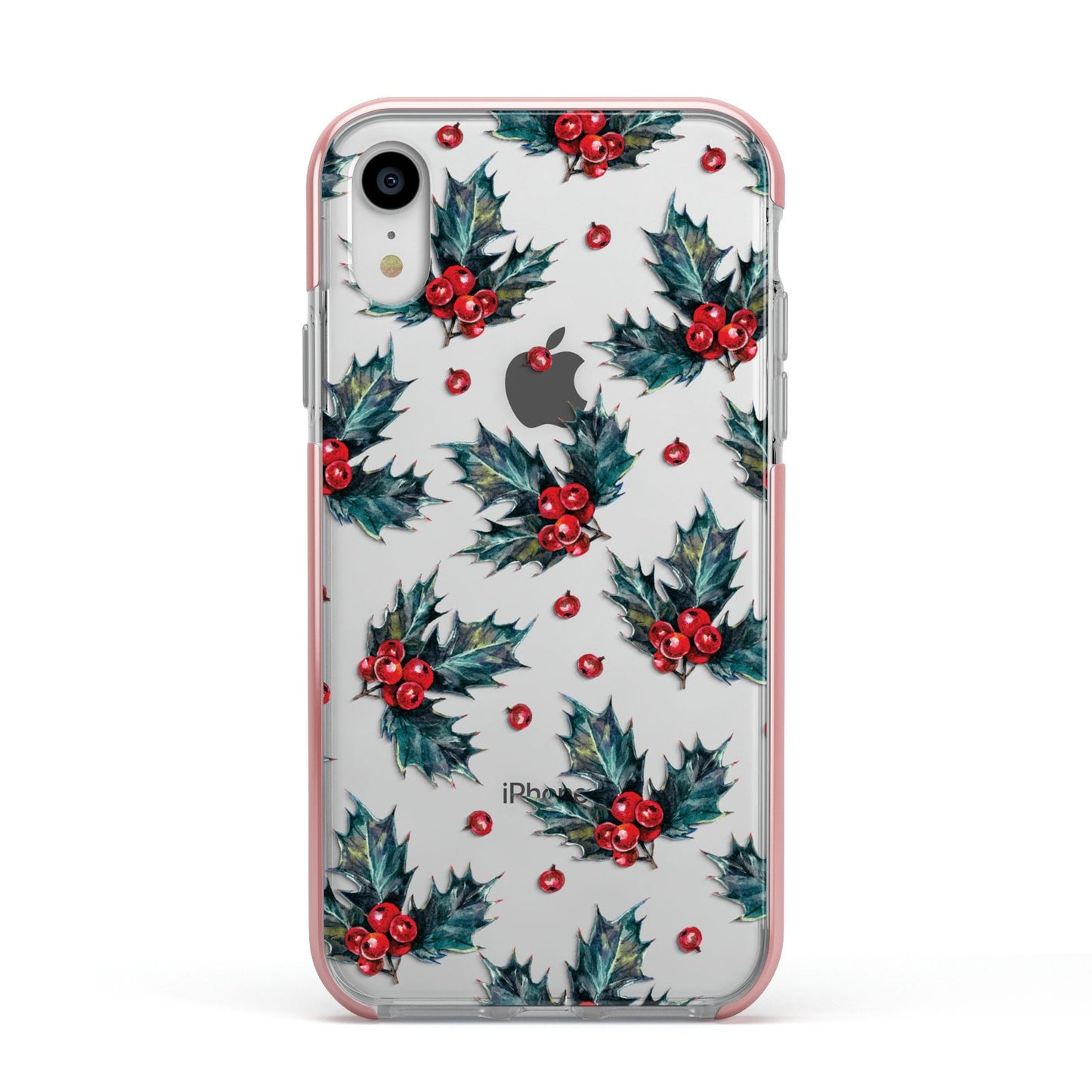 Holly berry Apple iPhone XR Impact Case Pink Edge on Silver Phone