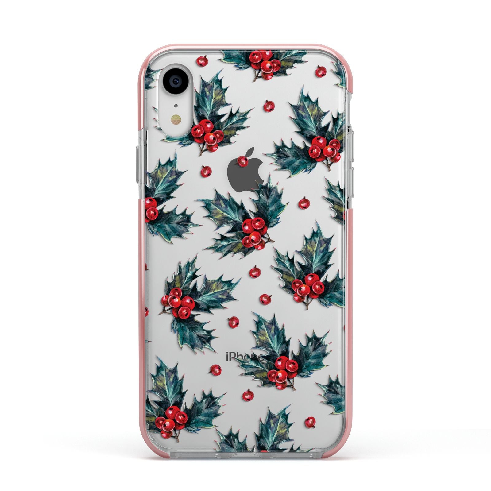 Holly berry Apple iPhone XR Impact Case Pink Edge on Silver Phone