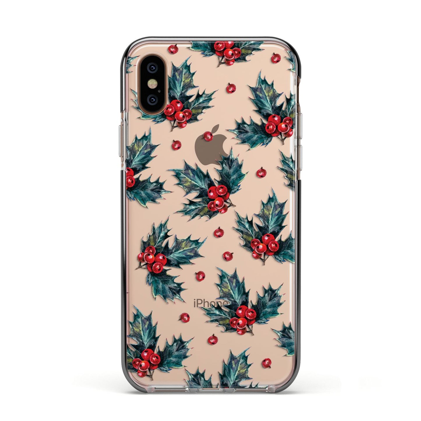 Holly berry Apple iPhone Xs Impact Case Black Edge on Gold Phone