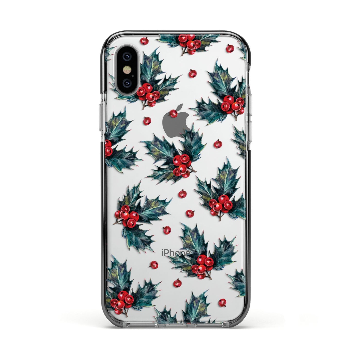 Holly berry Apple iPhone Xs Impact Case Black Edge on Silver Phone