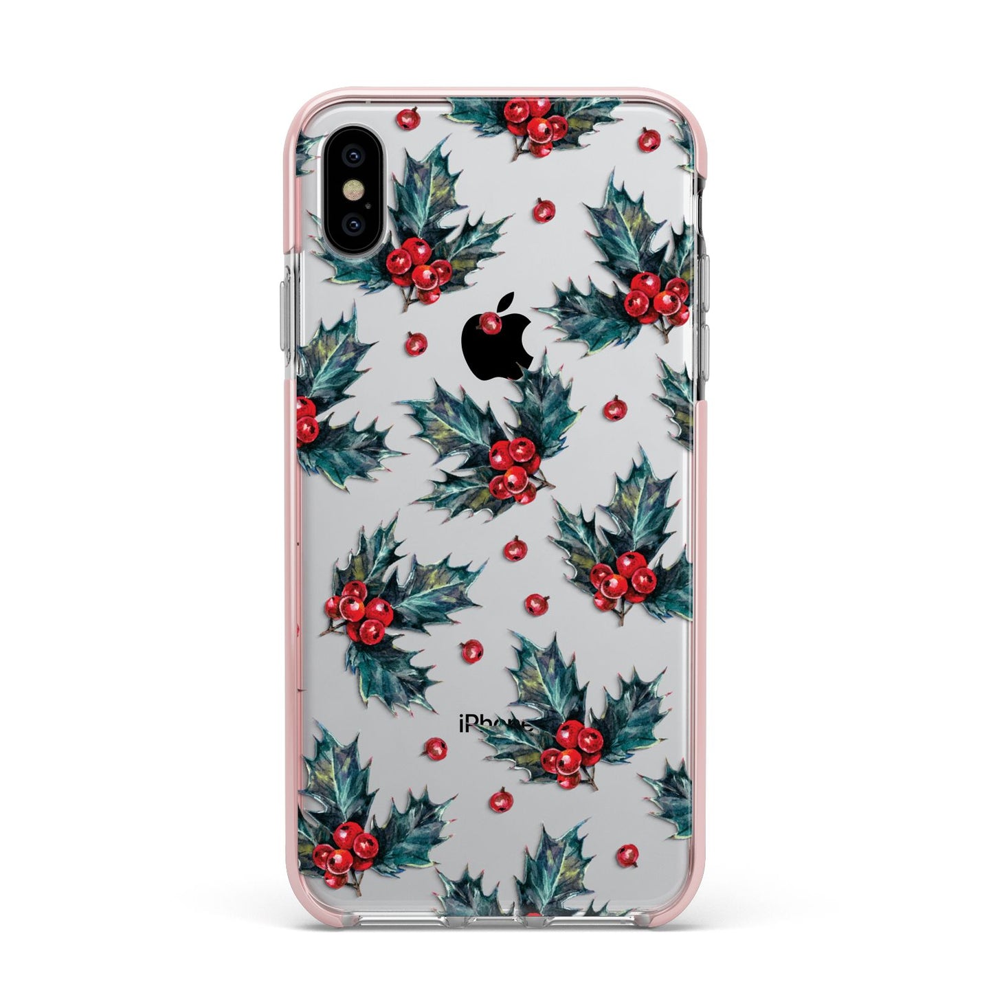 Holly berry Apple iPhone Xs Max Impact Case Pink Edge on Silver Phone