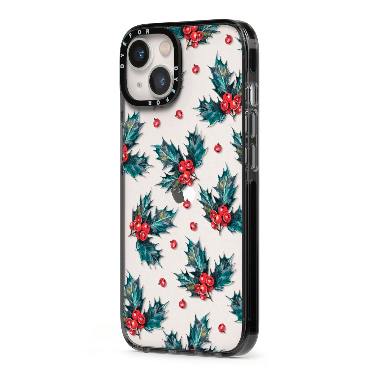 Holly berry iPhone 13 Black Impact Case Side Angle on Silver phone