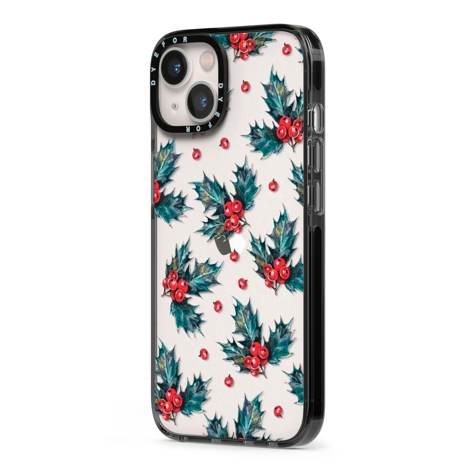Holly berry iPhone 13 Black Impact Case Side Angle on Silver phone