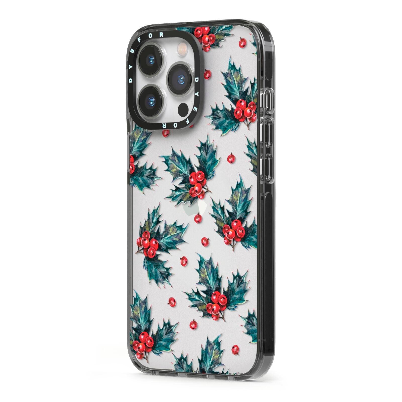 Holly berry iPhone 13 Pro Black Impact Case Side Angle on Silver phone