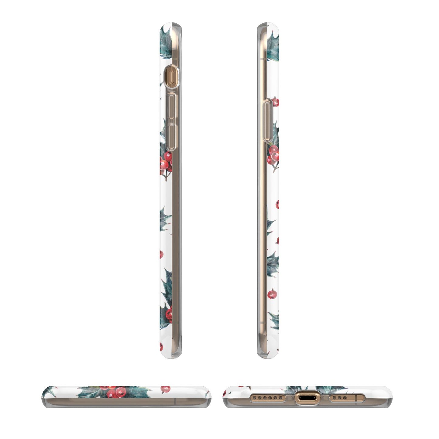 Holly berry iPhone XS 3D Tough Case in Gold Angled Images