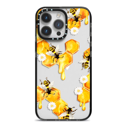 Honeycomb with Bees and Daisies iPhone 14 Pro Max Black Impact Case on Silver phone