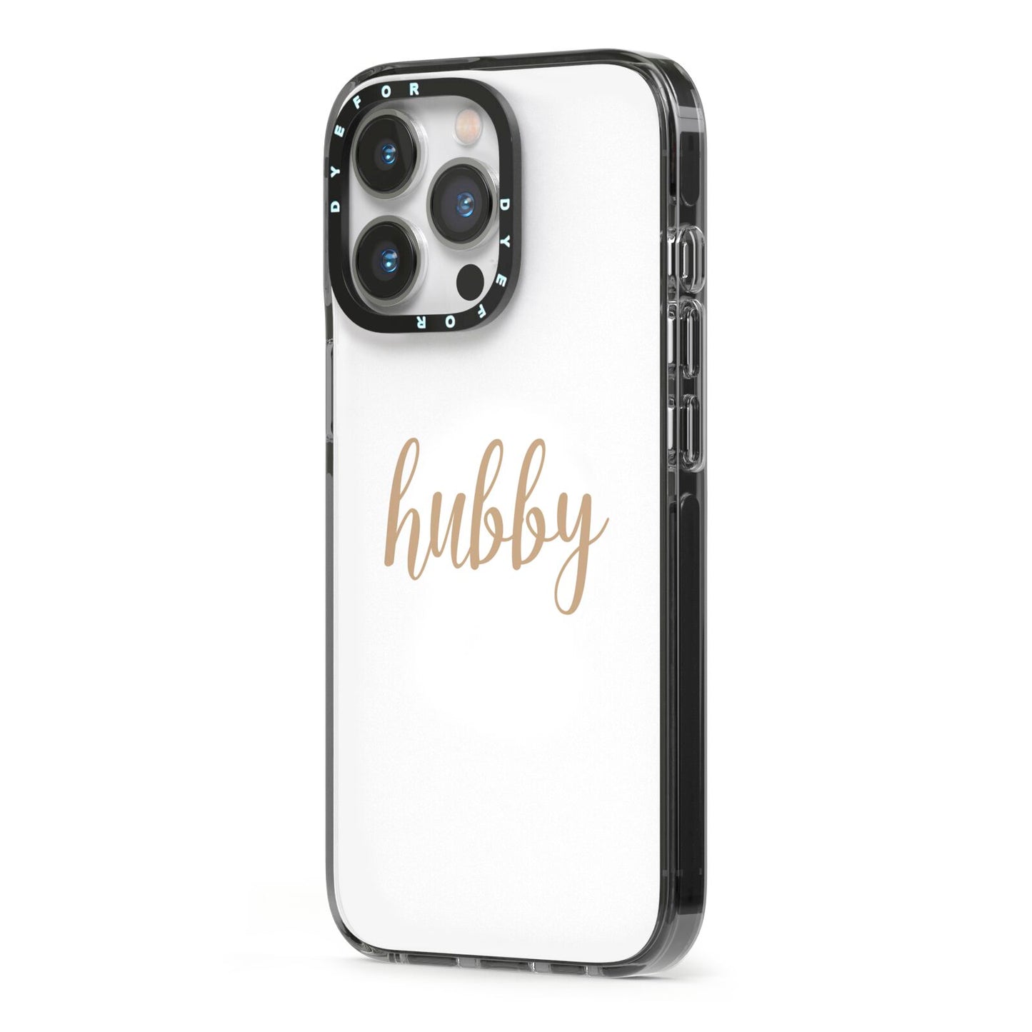 Hubby iPhone 13 Pro Black Impact Case Side Angle on Silver phone