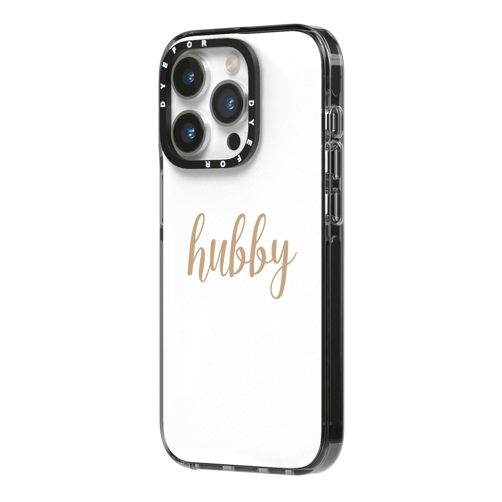 Hubby iPhone 14 Pro Black Impact Case Side Angle on Silver phone