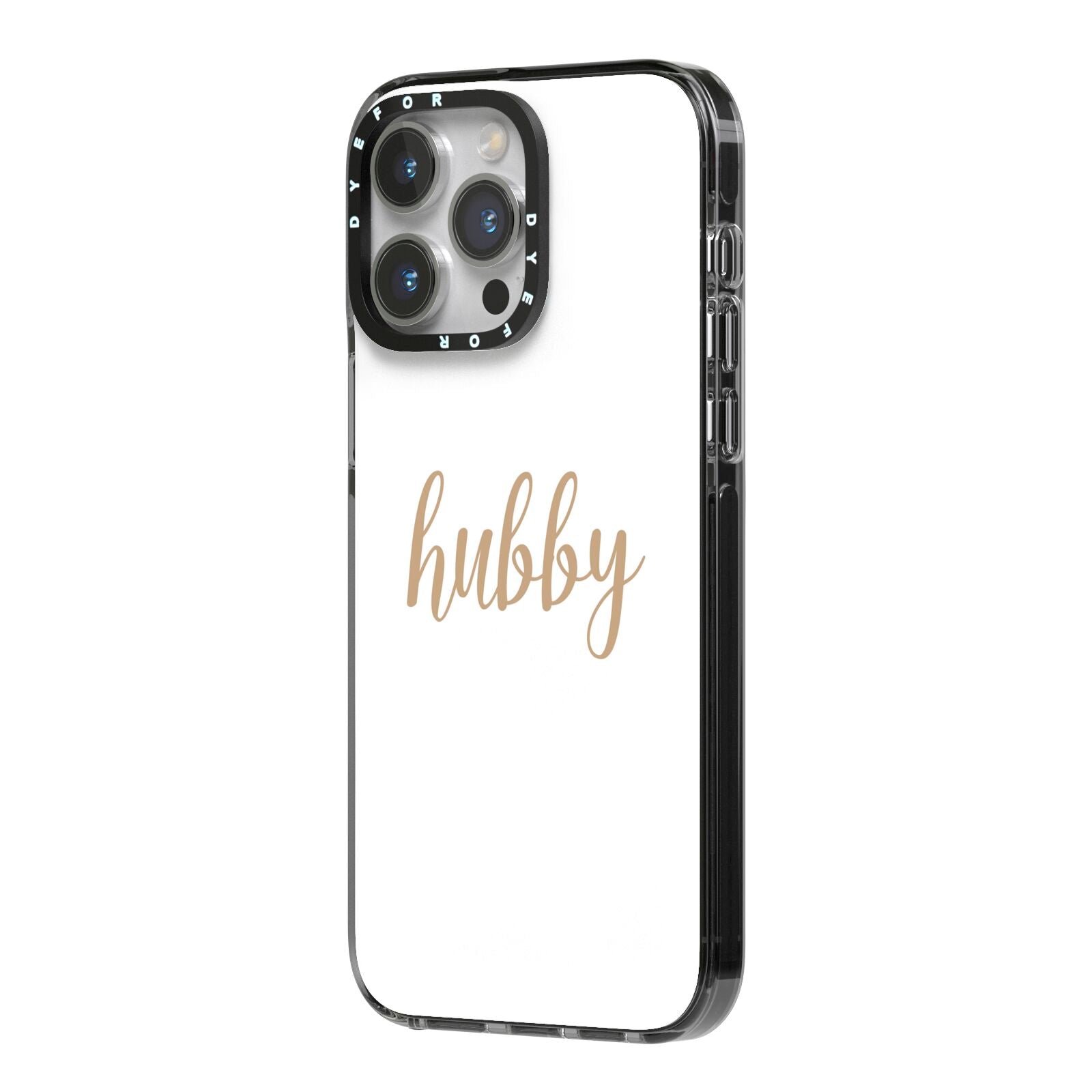 Hubby iPhone 14 Pro Max Black Impact Case Side Angle on Silver phone